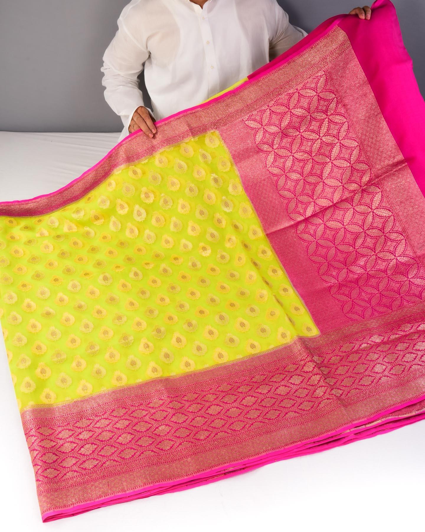 Neon Green Banarasi Overdyed Alfi Buti Cutwork Brocade Handwoven Kora Silk Saree - By HolyWeaves, Benares