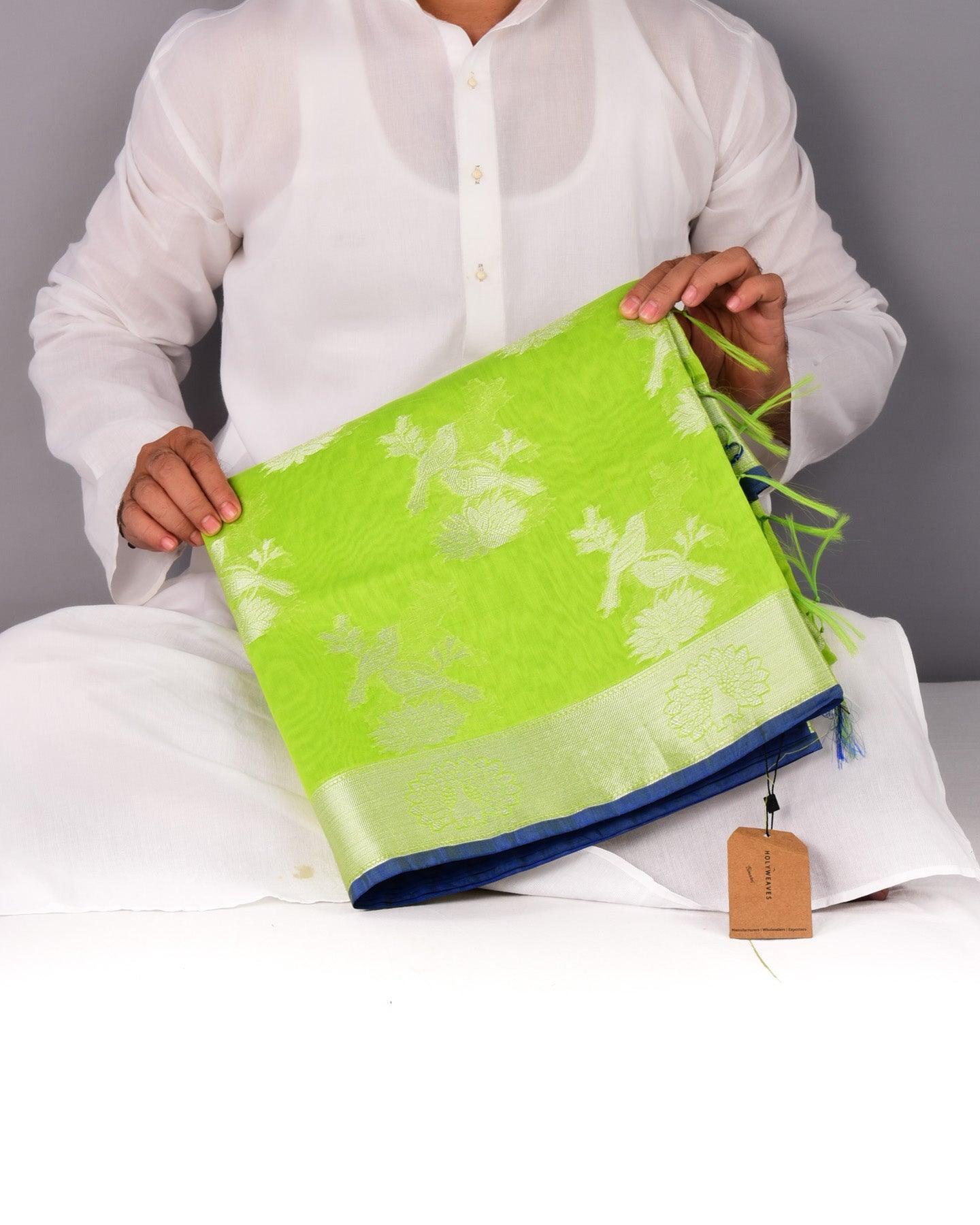 Neon Green Banarasi Silver Zari Lovebirds Cutwork Brocade Woven Art Cotton Silk Saree - By HolyWeaves, Benares