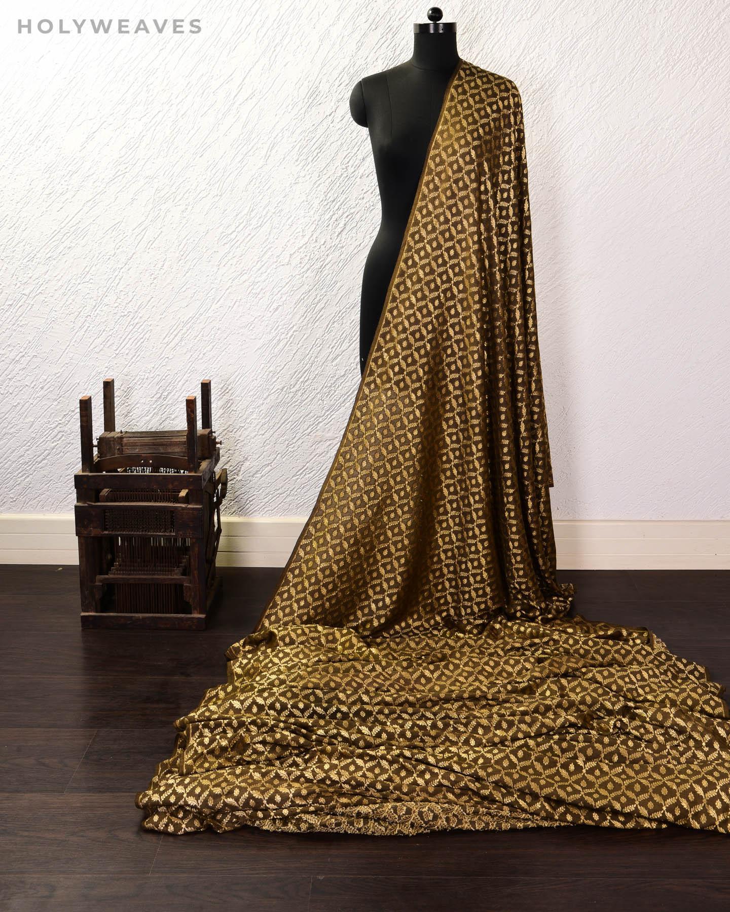 Olive Green Banarasi Jangla Buti Cutwork Brocade Handwoven Muga Silk Fabric - By HolyWeaves, Benares