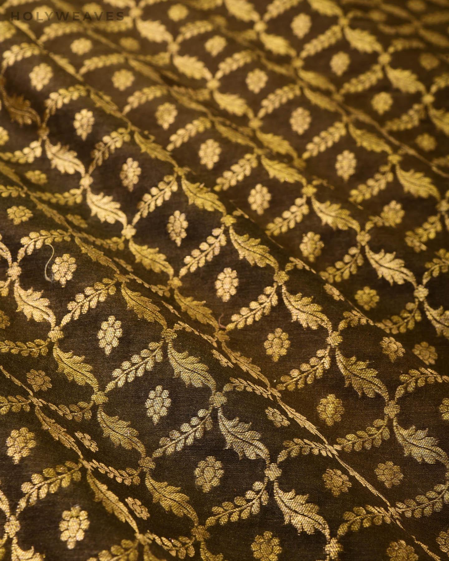 Olive Green Banarasi Jangla Buti Cutwork Brocade Handwoven Muga Silk Fabric - By HolyWeaves, Benares