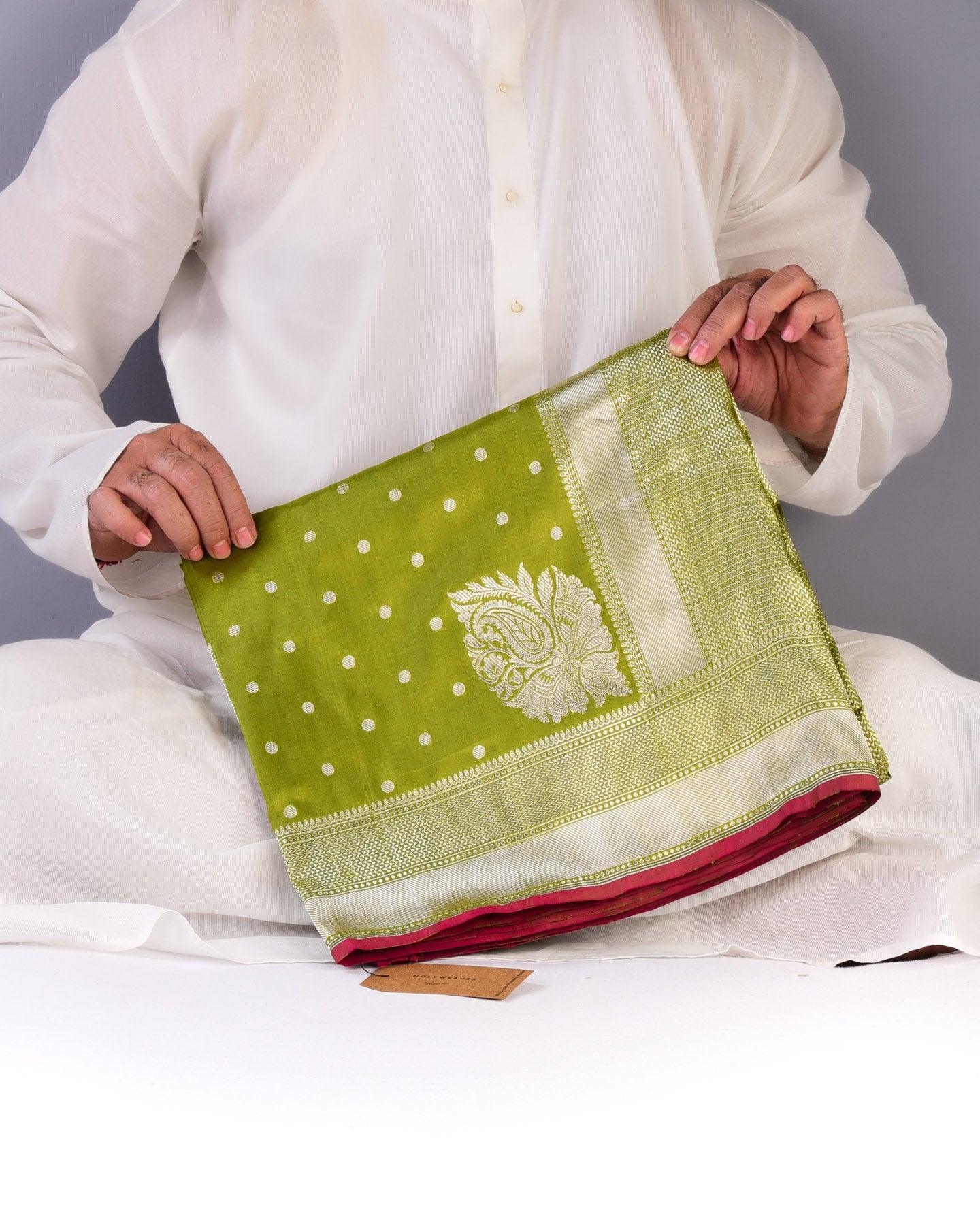 Olive Green Banarasi Silver Polka Buti Cutwork Brocade Handwoven Katan Silk Saree with Koniya Kairi Buta - By HolyWeaves, Benares