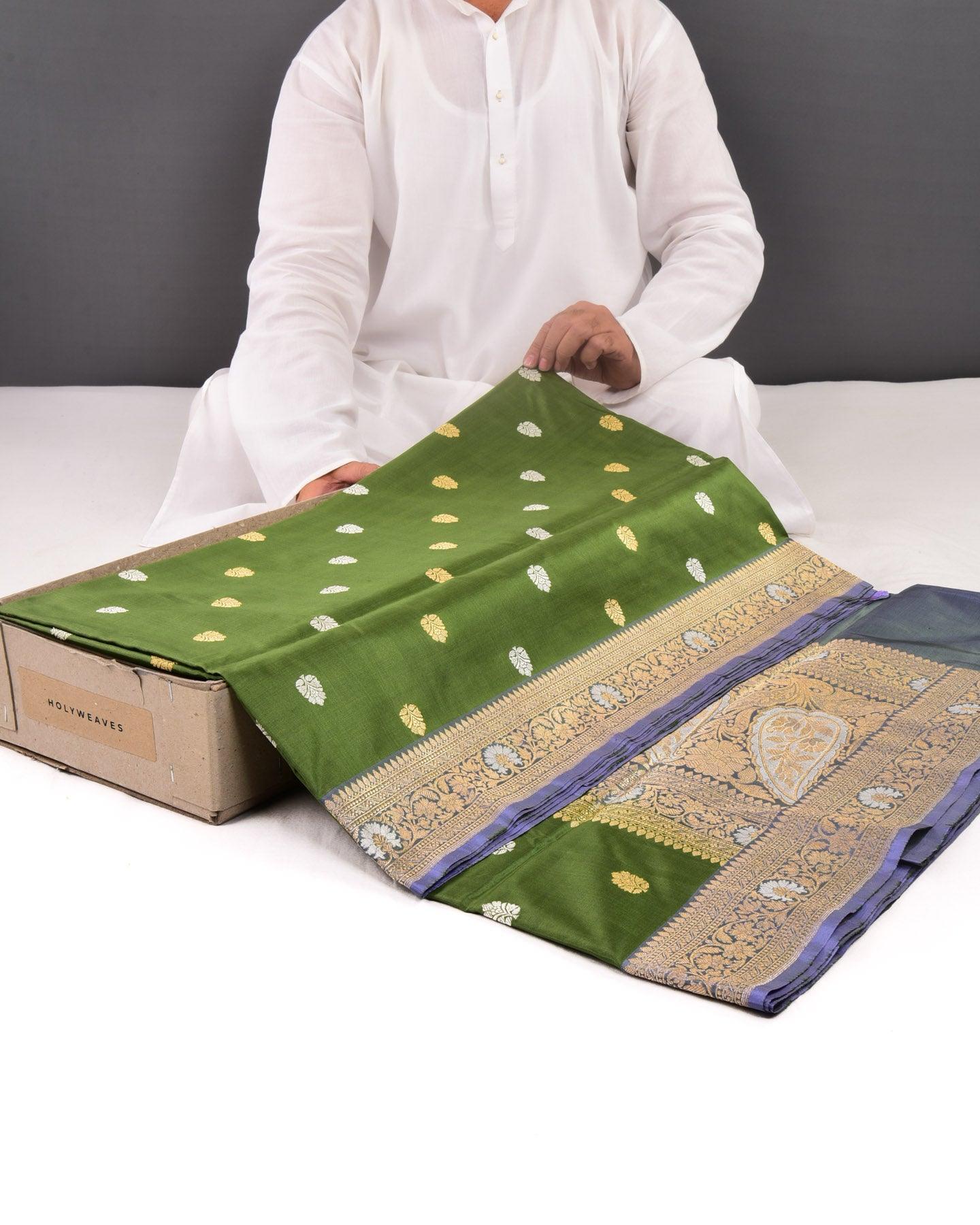 Olive Green Banarasi Sona-Rupa Buti Kadhuan Brocade Handwoven Katan Silk Saree - By HolyWeaves, Benares