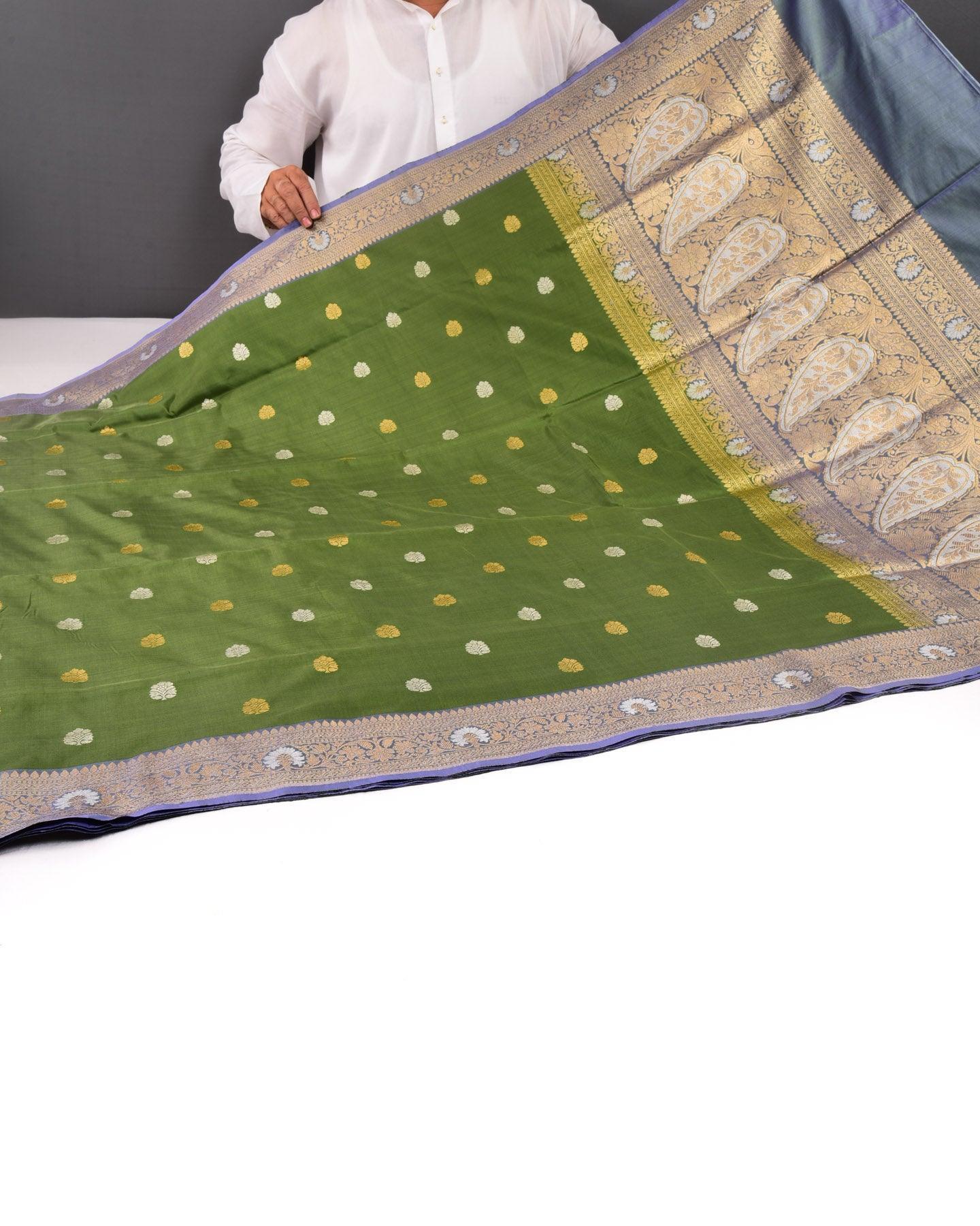 Olive Green Banarasi Sona-Rupa Buti Kadhuan Brocade Handwoven Katan Silk Saree - By HolyWeaves, Benares