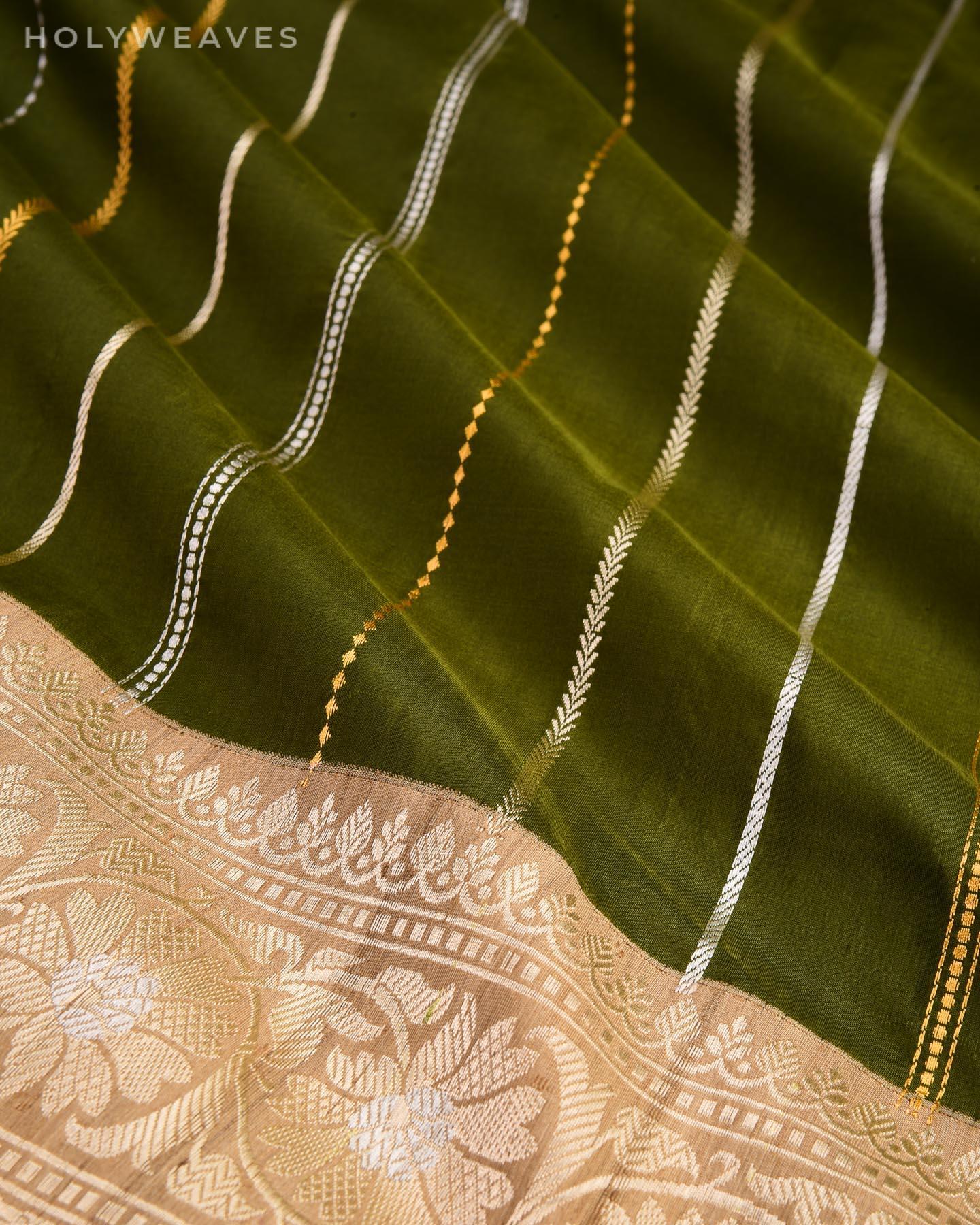 Olive Green Banarasi Sona Rupa Zari Stripes Kadhuan Brocade Handwoven Katan Silk Saree with Tasar Brocade Border Pallu - By HolyWeaves, Benares