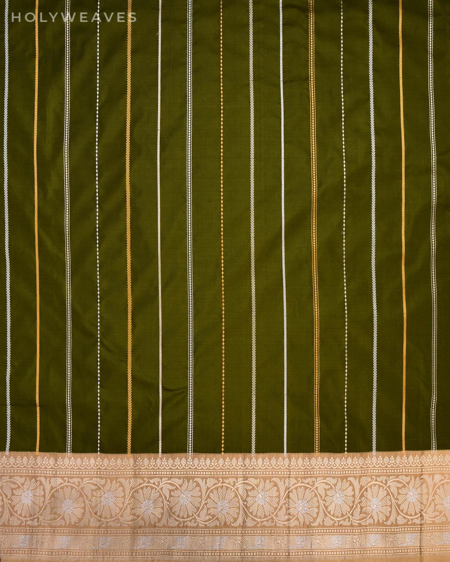 Olive Green Banarasi Sona Rupa Zari Stripes Kadhuan Brocade Handwoven Katan Silk Saree with Tasar Brocade Border Pallu - By HolyWeaves, Benares