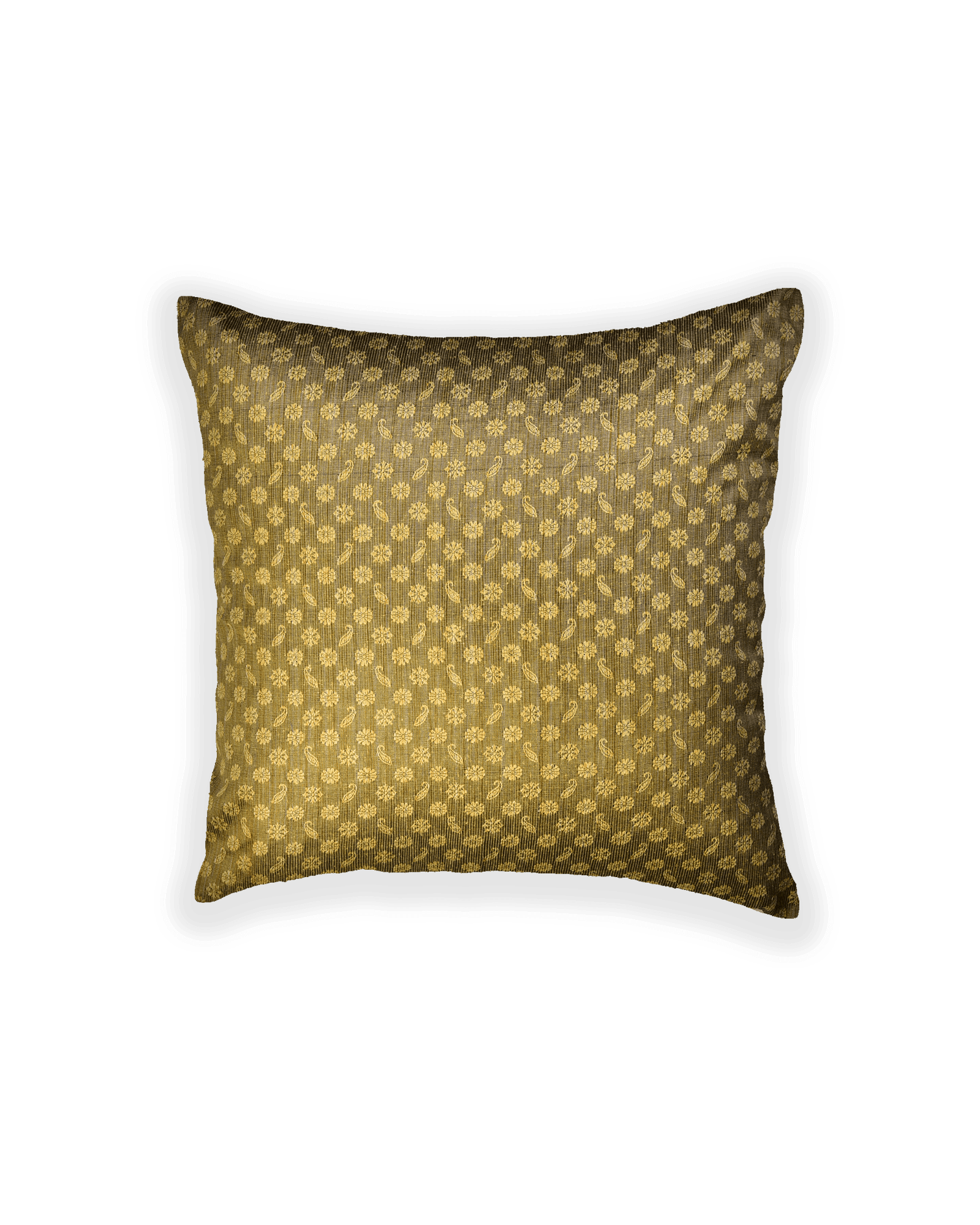 Olive Green Banarasi Tanchoi Poly Cotton Cushion Cover 16" - By HolyWeaves, Benares