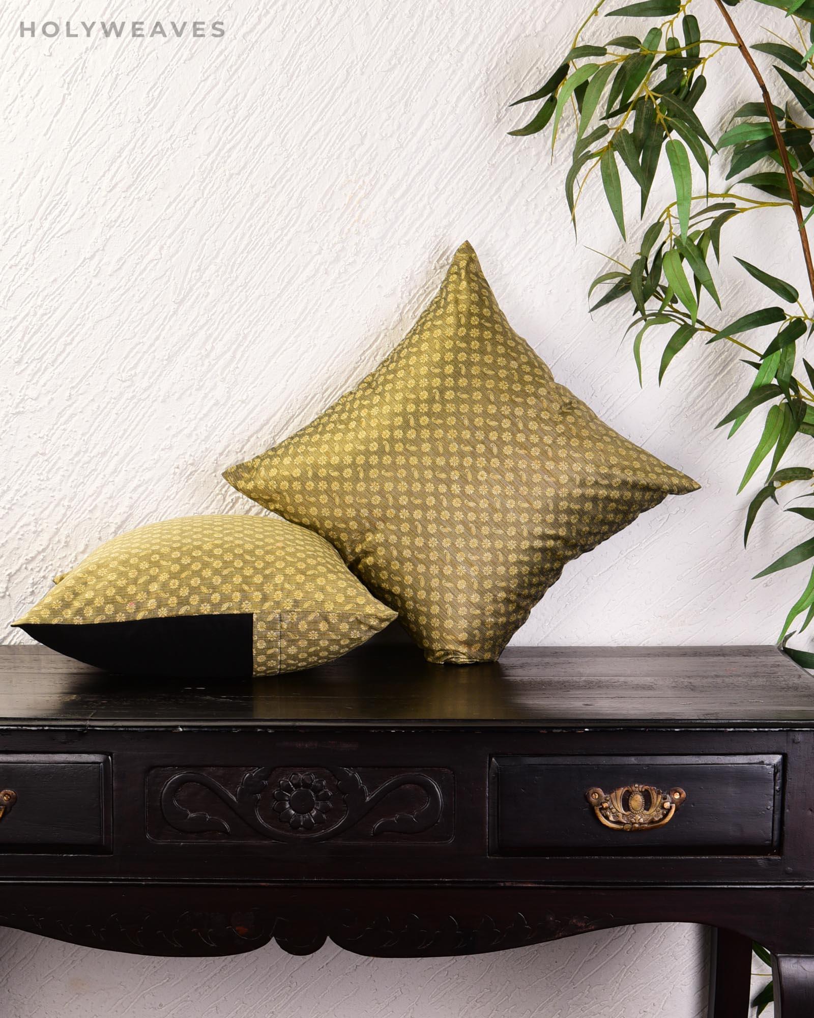 Olive Green Banarasi Tanchoi Poly Cotton Cushion Cover 16" - By HolyWeaves, Benares