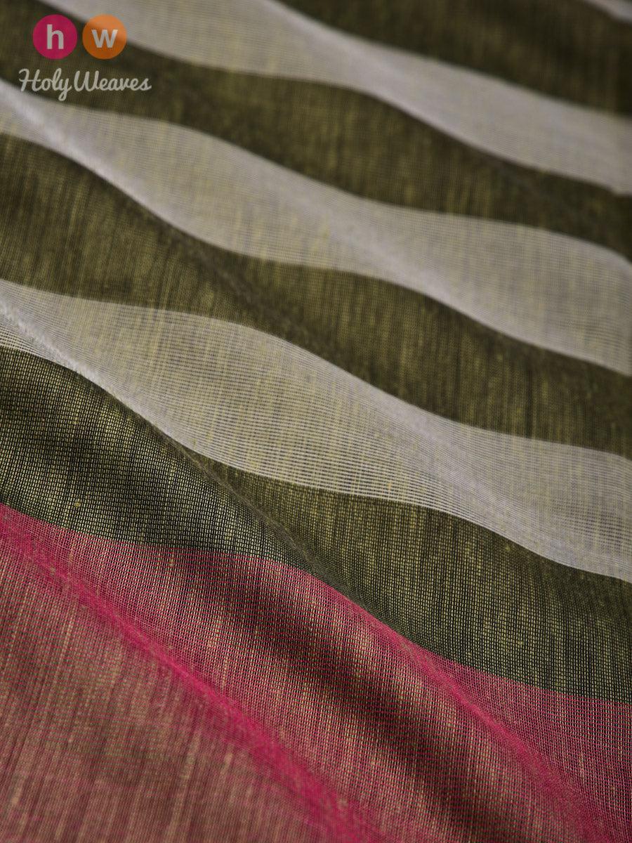 Olive Green Cabana Stripes Woven Cotton Silk Dupatta - By HolyWeaves, Benares