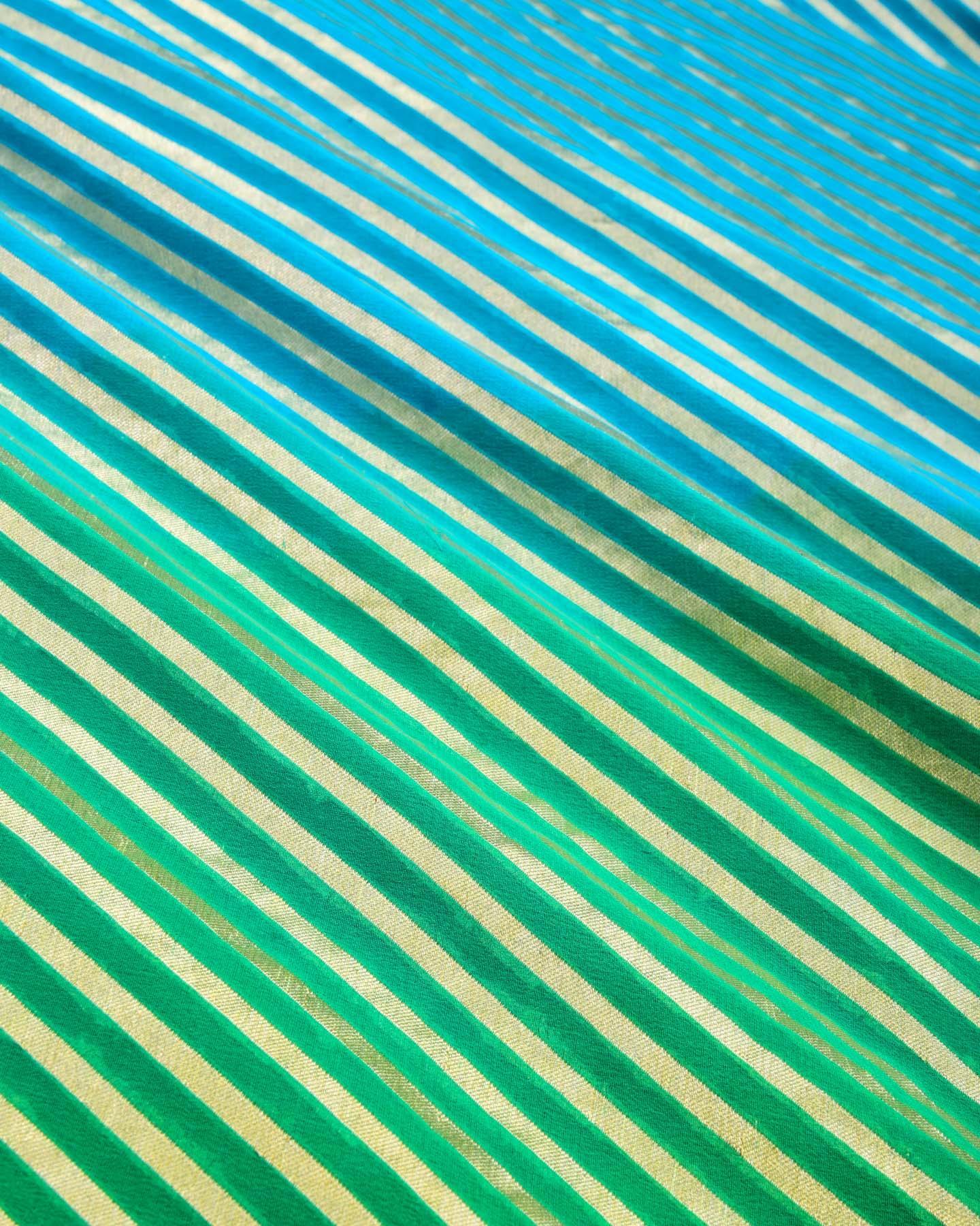 Ombré Blue-Green Banarasi Diagonal Gold Zari Stripes Cutwork Brocade Handwoven Khaddi Georgette Saree - By HolyWeaves, Benares