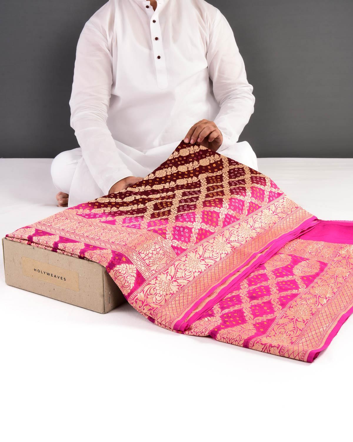Ombré Maroon-Pink Banarasi Diagonal Stripes Gold Zari Cutwork Brocade Handwoven Khaddi Georgette Saree with White & Yellow Bandhej - By HolyWeaves, Benares
