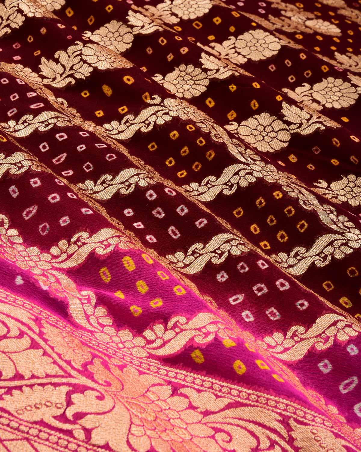 Ombré Maroon-Pink Banarasi Diagonal Stripes Gold Zari Cutwork Brocade Handwoven Khaddi Georgette Saree with White & Yellow Bandhej - By HolyWeaves, Benares