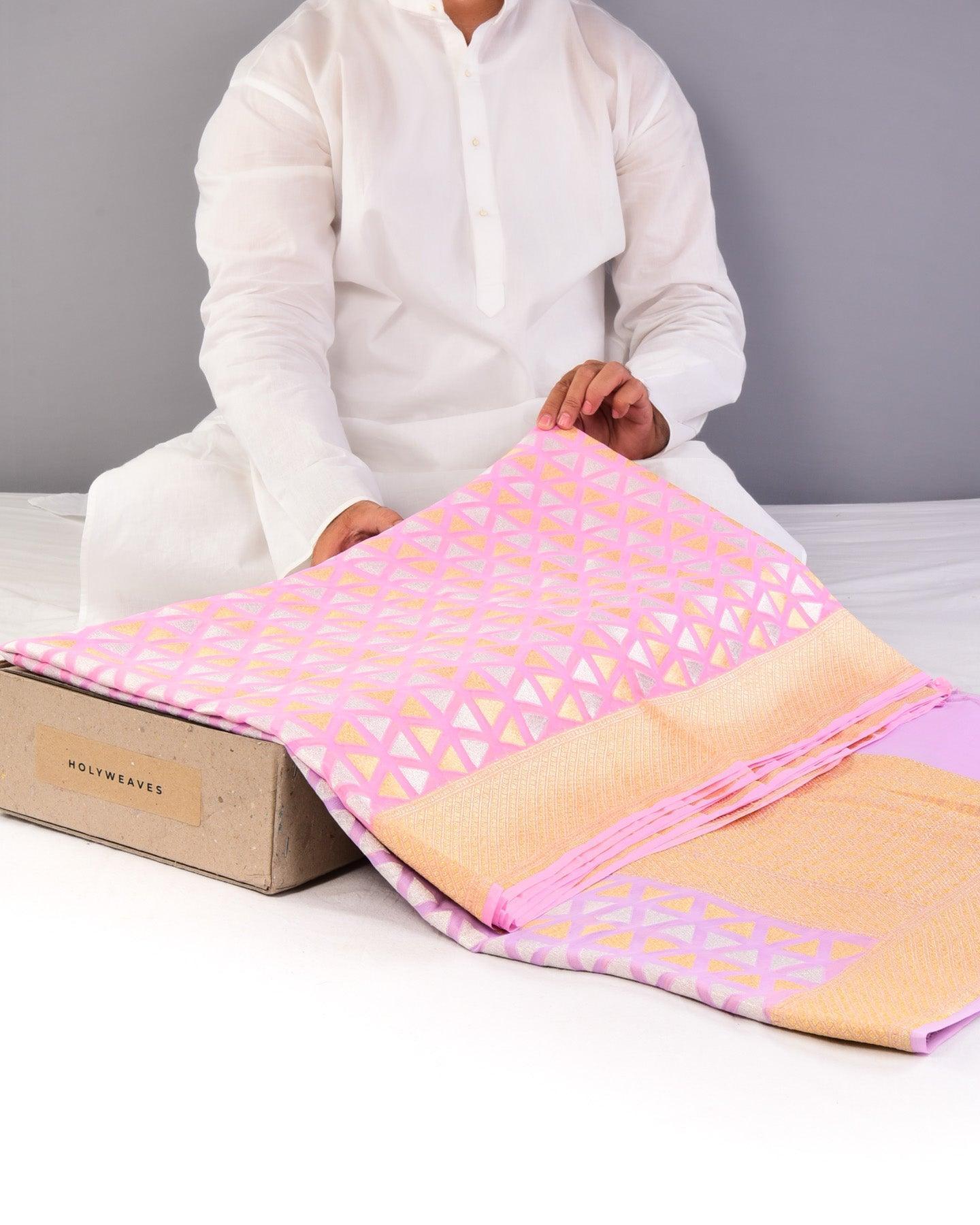 Ombré Mauve Pink Banarasi Sona Rupa Triangles Cutwork Brocade Handwoven Khaddi Georgette Saree - By HolyWeaves, Benares