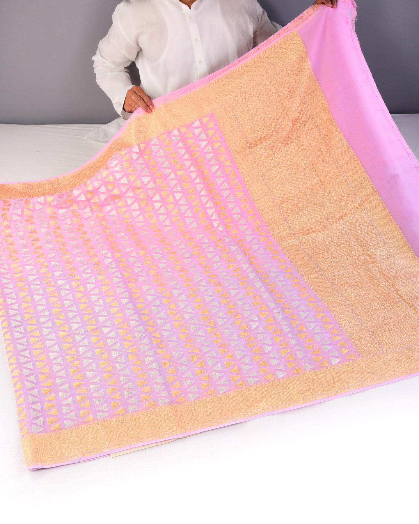 Ombré Mauve Pink Banarasi Sona Rupa Triangles Cutwork Brocade Handwoven Khaddi Georgette Saree - By HolyWeaves, Benares