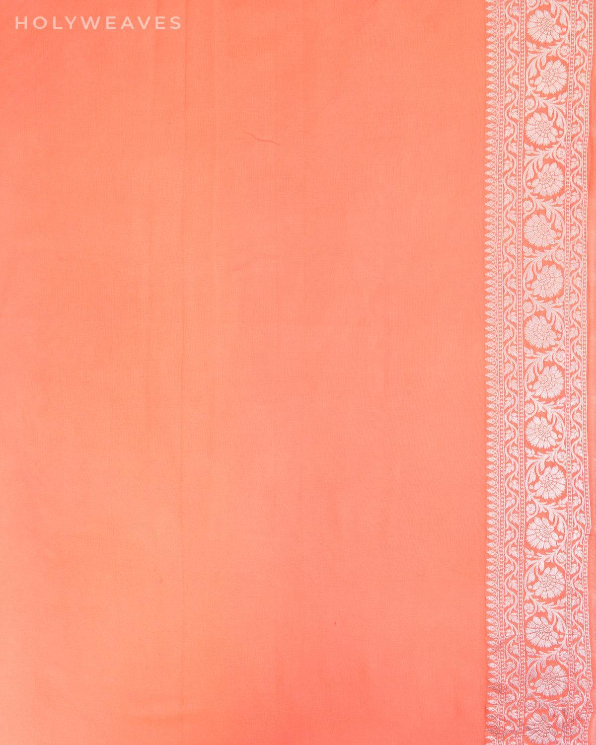 Ombré Pink-Orange Banarasi Silver Zari Chevron ZigZag Cutwork Brocade Handwoven Khaddi Georgette Saree - By HolyWeaves, Benares