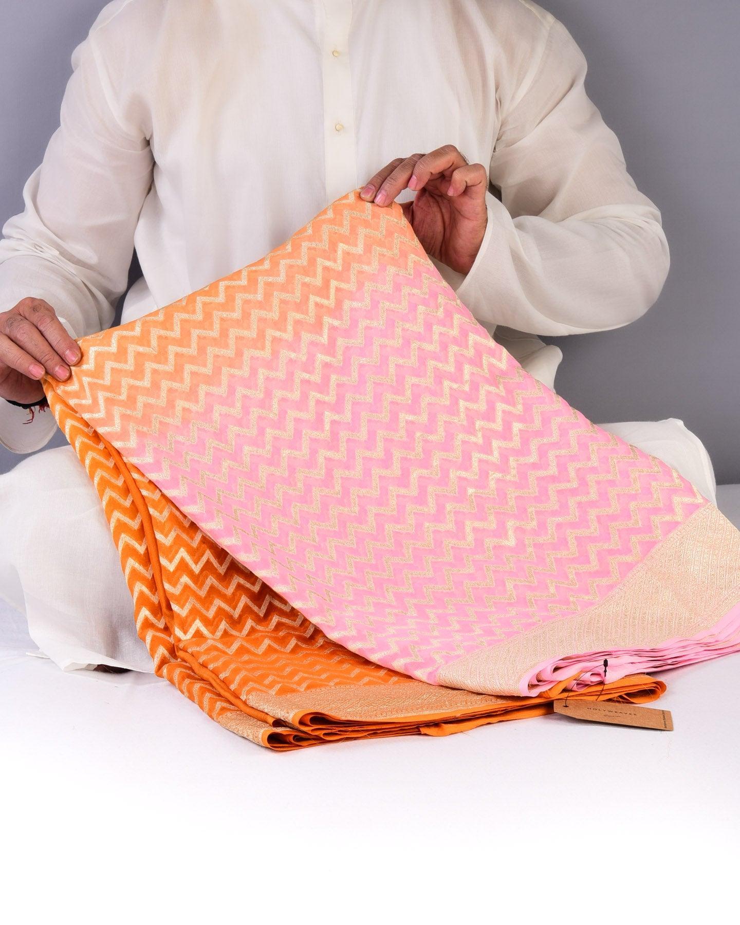 Ombré Pink-Orange Banarasi Zari Chevron Cutwork Brocade Handwoven Khaddi Georgette Saree - By HolyWeaves, Benares