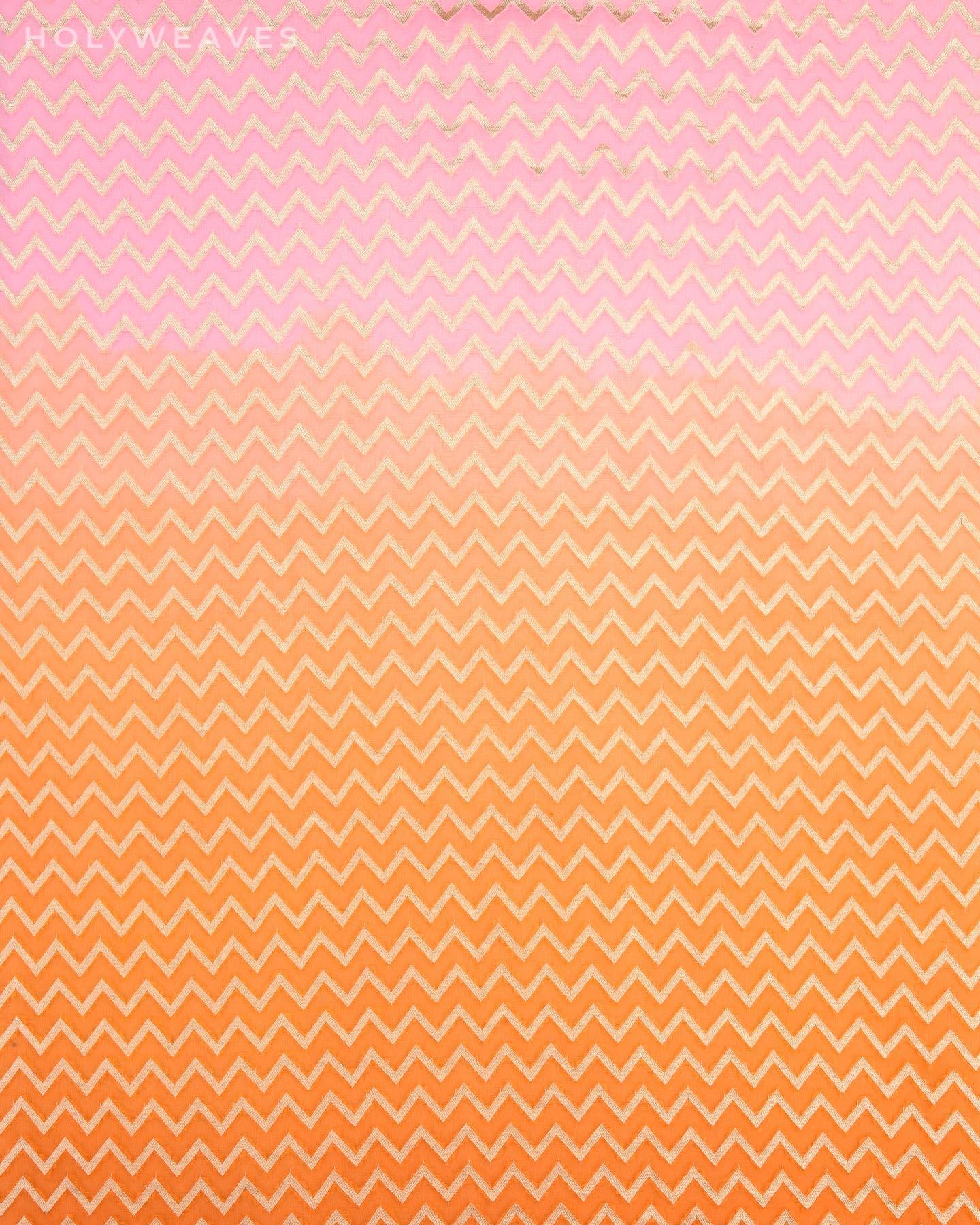Ombré Pink-Orange Banarasi Zari Chevron Cutwork Brocade Handwoven Khaddi Georgette Saree - By HolyWeaves, Benares
