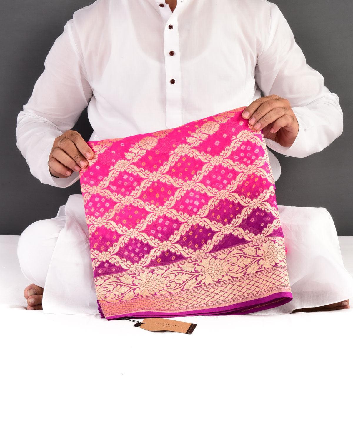 Ombré Pink-Purple Banarasi Diagonal Stripes Gold Zari Cutwork Brocade Handwoven Khaddi Georgette Saree with White & Yellow Bandhej - By HolyWeaves, Benares