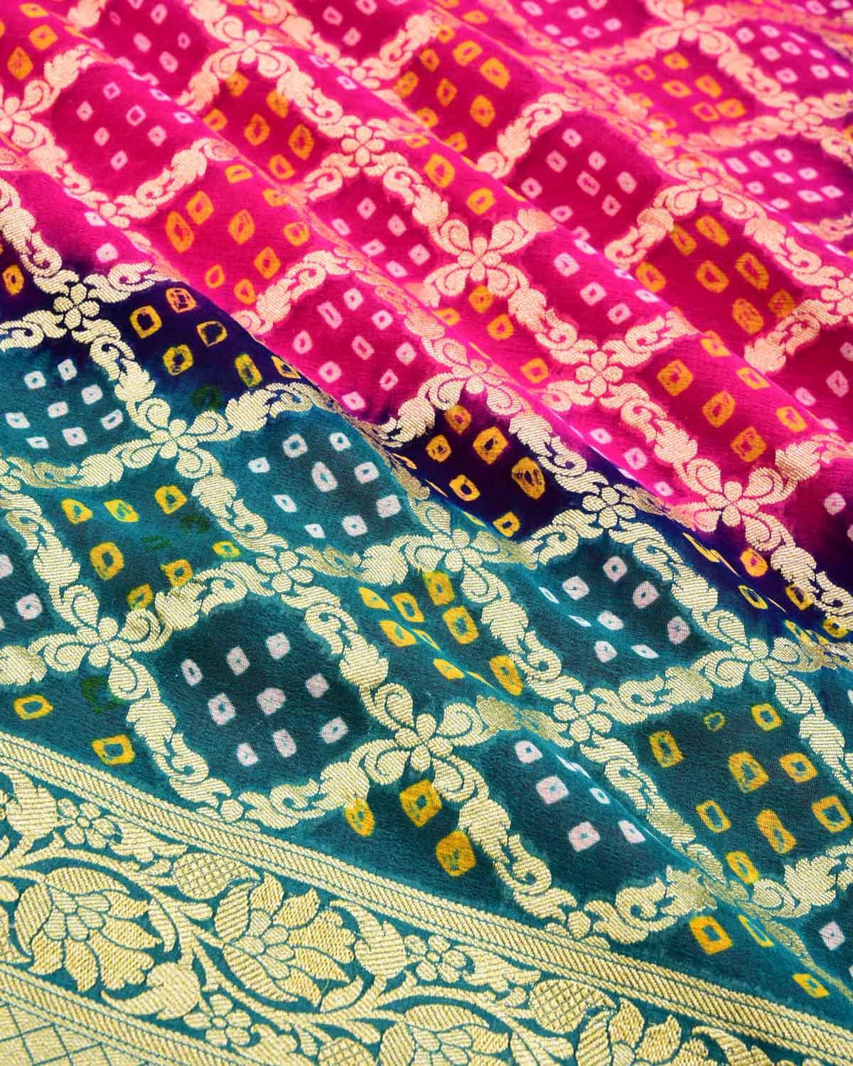 Ombré Rani Pink-Green Banarasi Traditional Jangla Gold Zari Cutwork Brocade Handwoven Khaddi Georgette Dupatta with White & Yellow Bandhej - By HolyWeaves, Benares