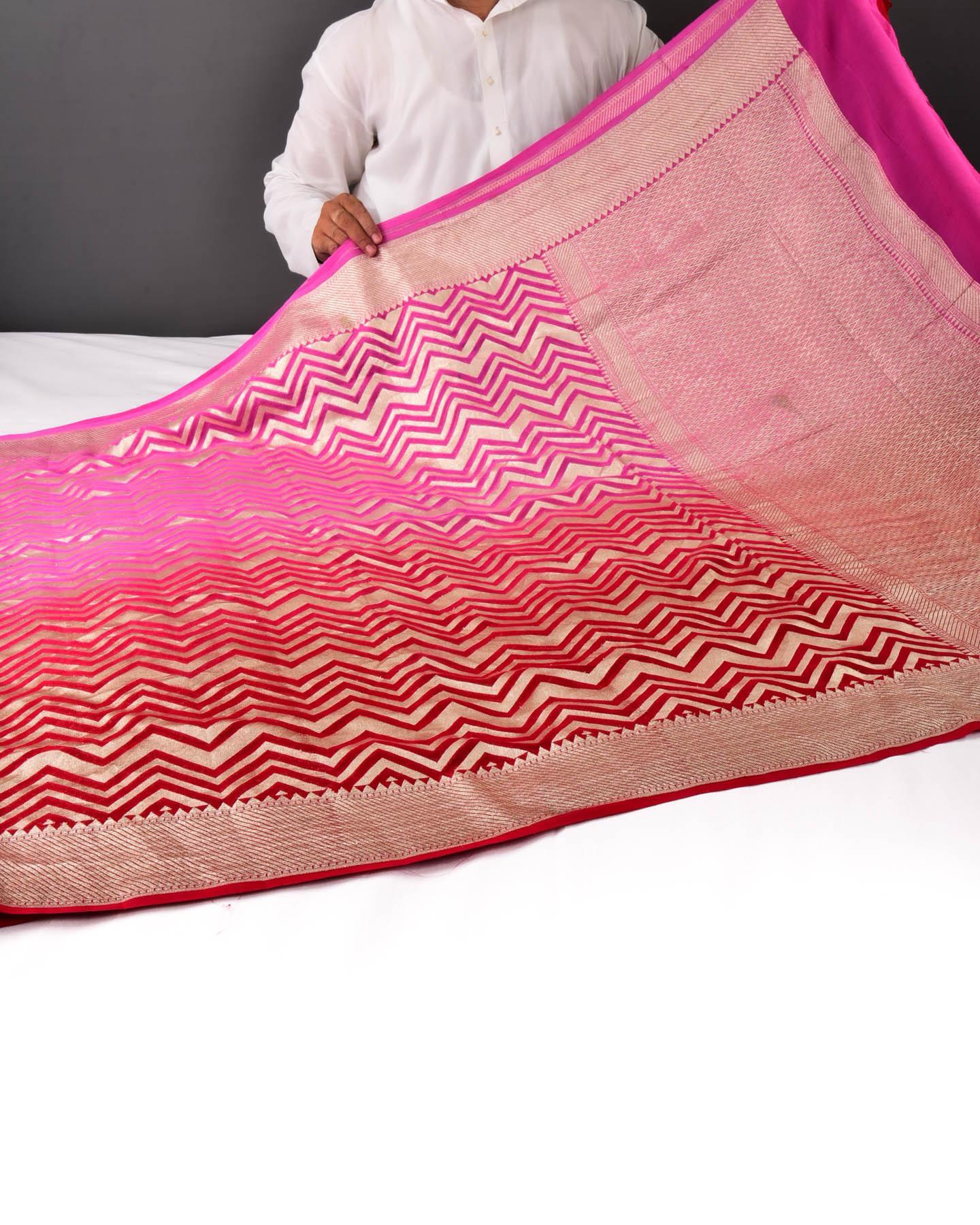Ombré Red-Pink Banarasi Gold Zari Chevron Cutwork Brocade Handwoven Khaddi Georgette Saree - By HolyWeaves, Benares