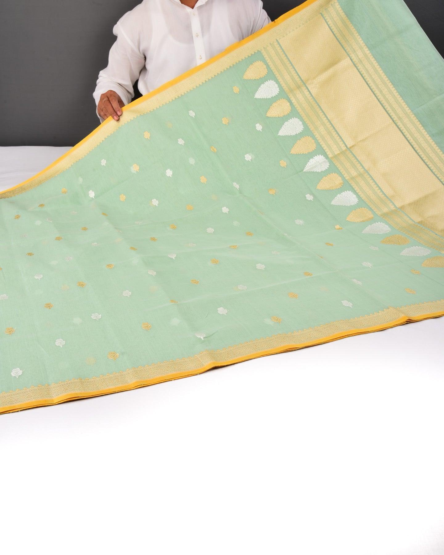 Opal Green Banarasi Gold & Silver Buti Kadhuan Brocade Handwoven Cotton Silk Saree - By HolyWeaves, Benares