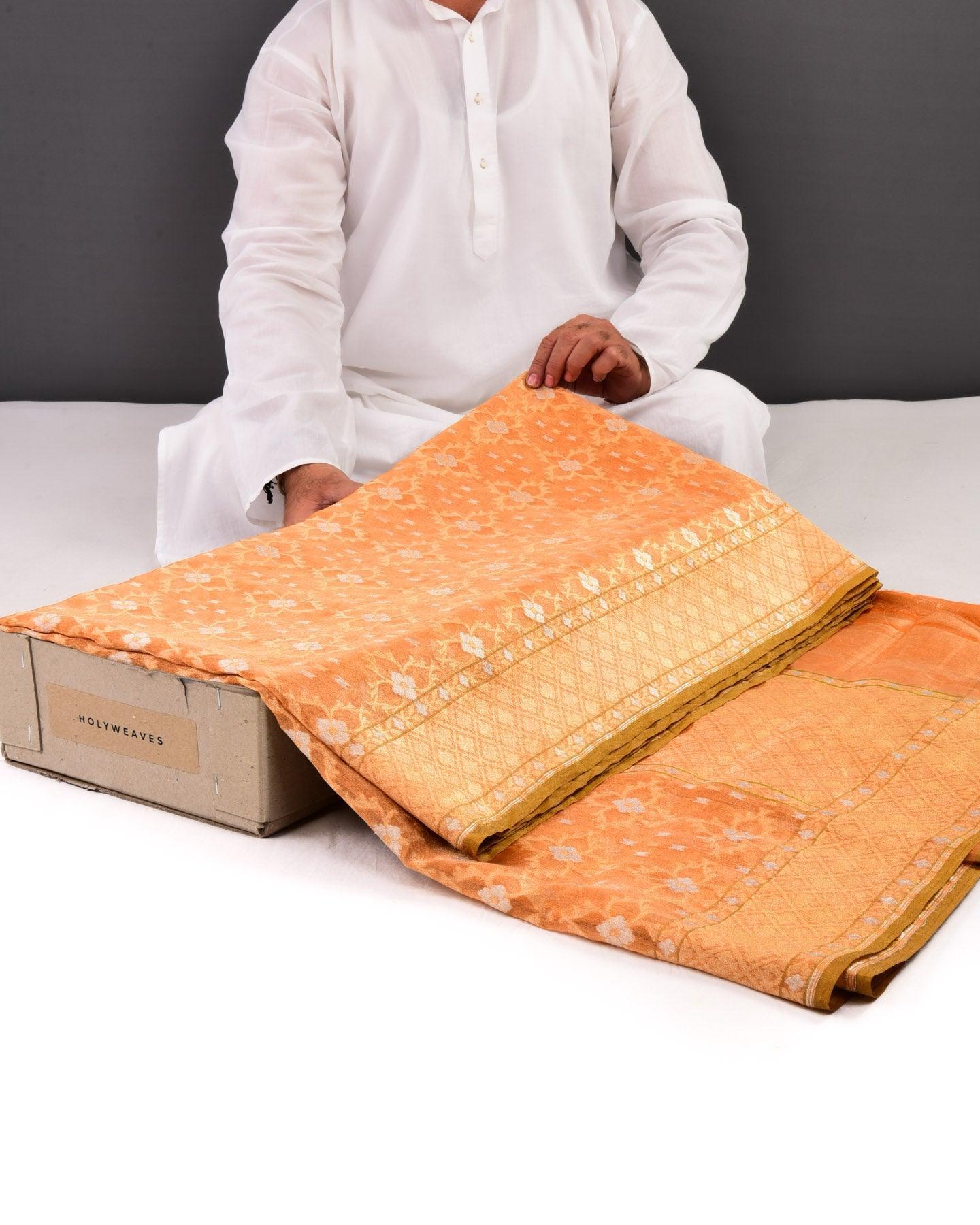 Orange Banarasi Alfi Cutwork Brocade Handwoven Kora Tissue Saree - By HolyWeaves, Benares