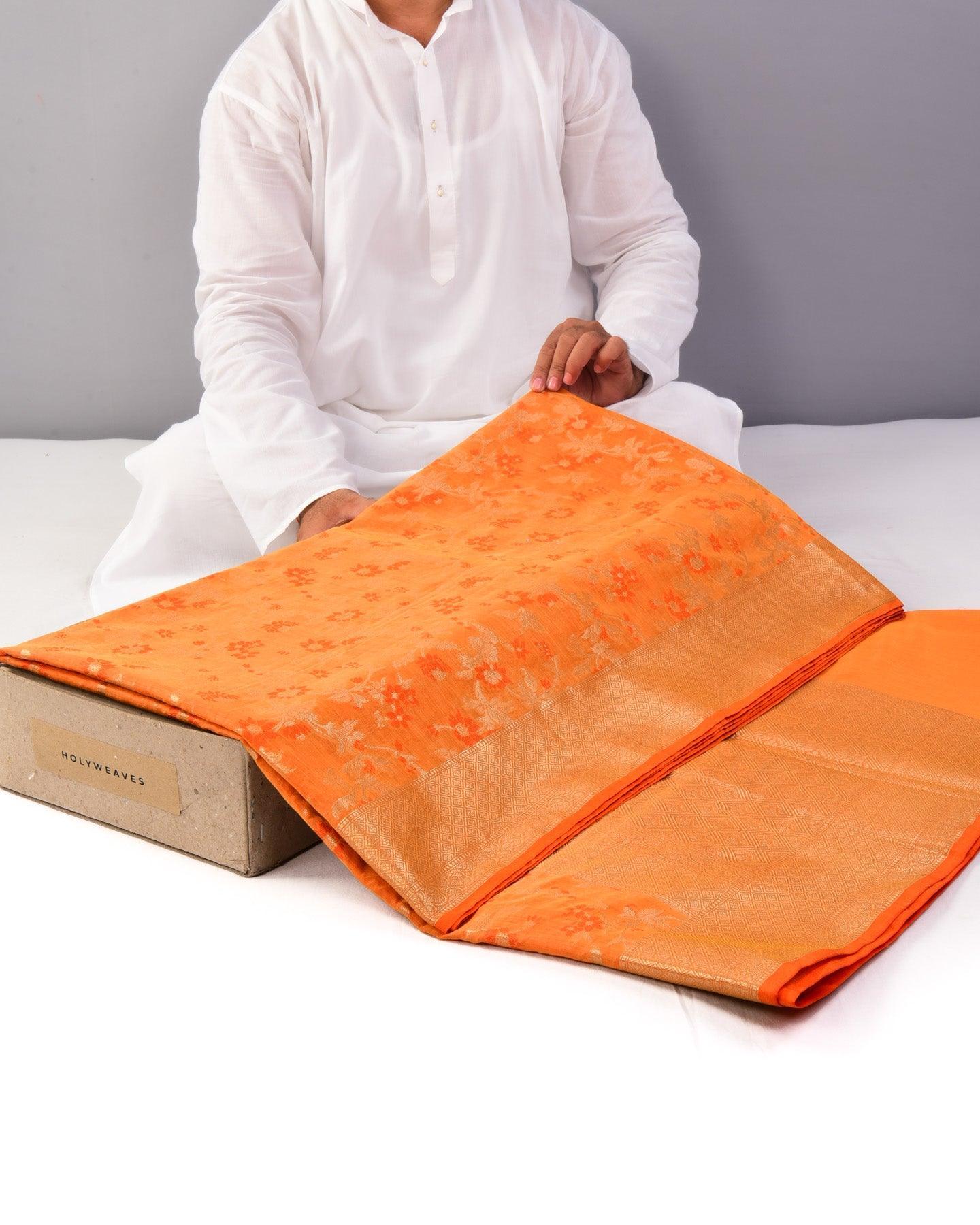 Orange Banarasi Alfi Meena Jaal Cutwork Brocade Woven Cotton Silk Saree - By HolyWeaves, Benares