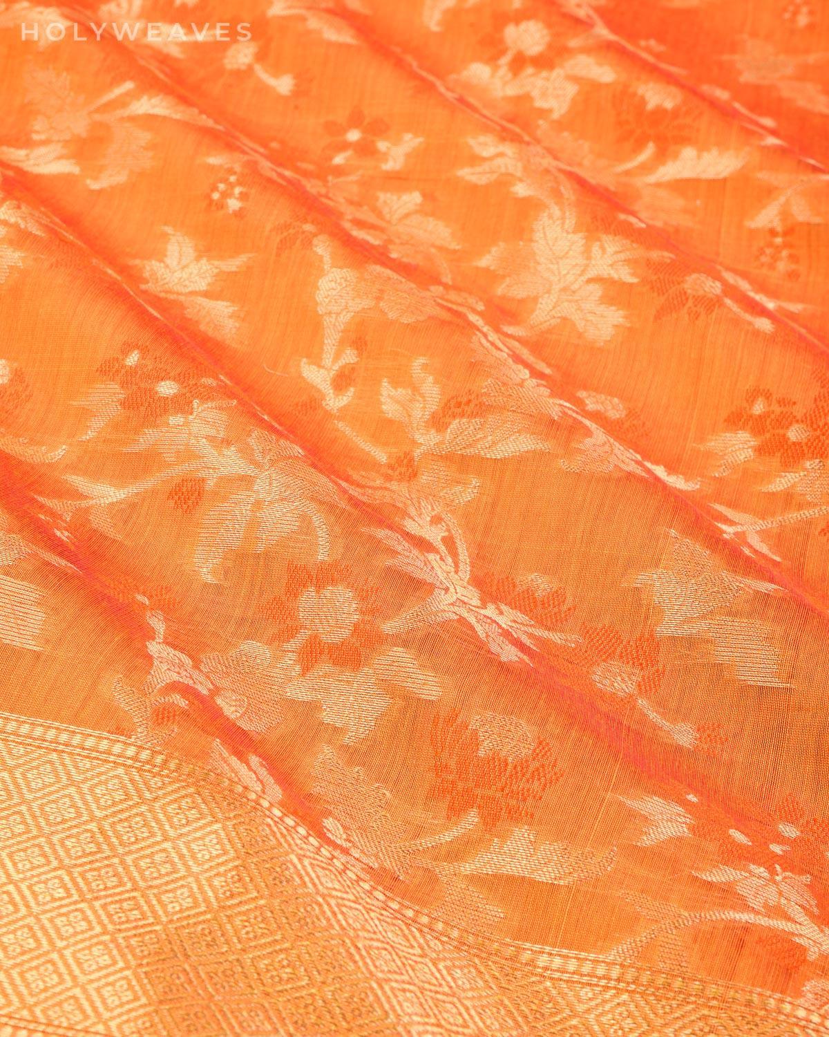 Orange Banarasi Alfi Meena Jaal Cutwork Brocade Woven Cotton Silk Saree - By HolyWeaves, Benares