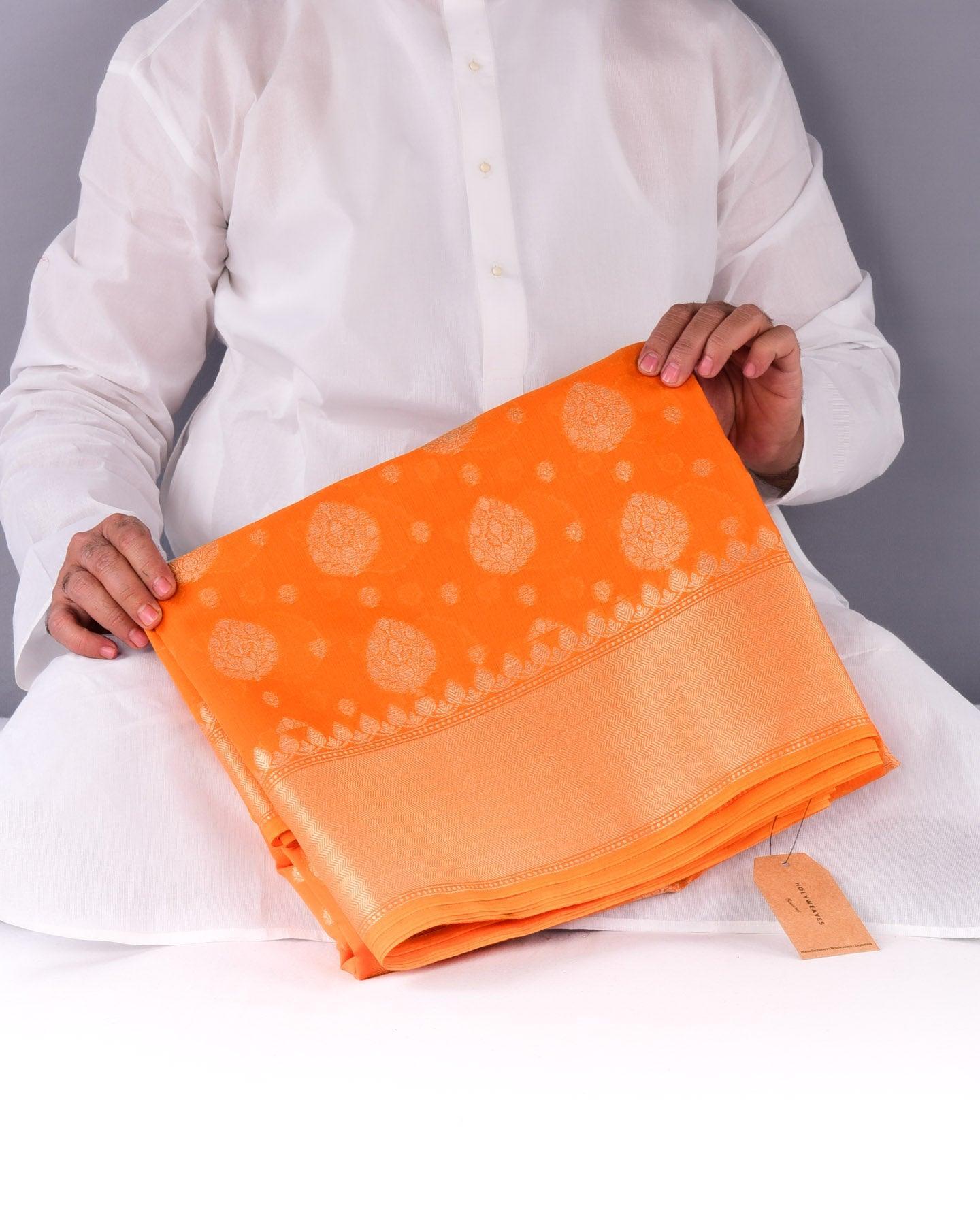 Orange Banarasi Badi-Chhoti Zari Buti Cutwork Brocade Woven Cotton Silk Saree - By HolyWeaves, Benares