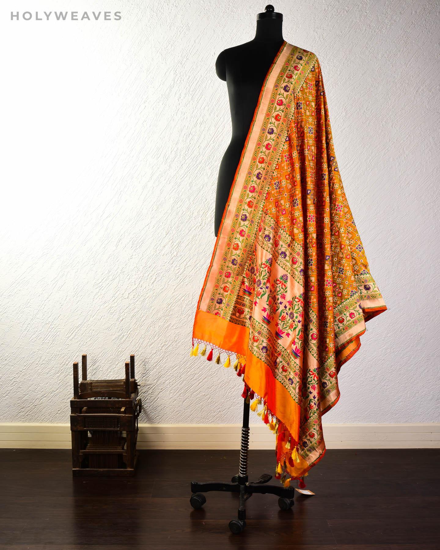 Orange Banarasi Bridal Patola Cutwork Brocade Handwoven Katan Silk Dupatta - By HolyWeaves, Benares