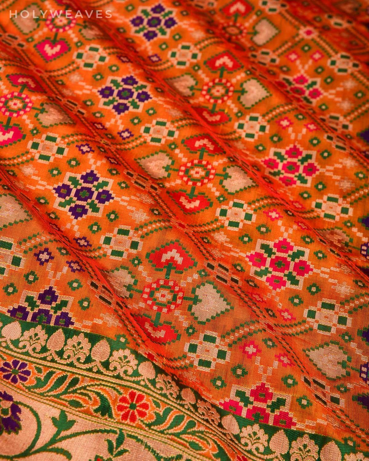 Orange Banarasi Bridal Patola Cutwork Brocade Handwoven Katan Silk Dupatta - By HolyWeaves, Benares
