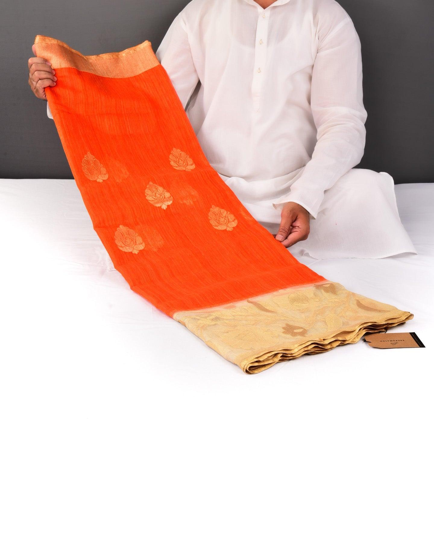 Orange Banarasi Buta Kadhuan Brocade Handwoven Raw Silk Net Saree with Kadiyal Tissue Border - By HolyWeaves, Benares