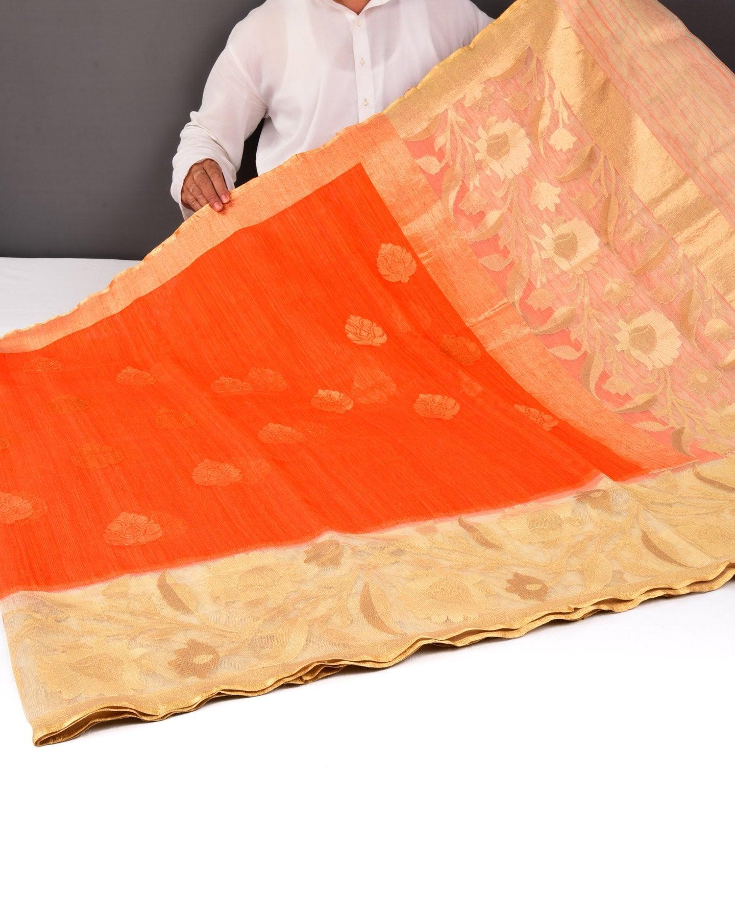 Orange Banarasi Buta Kadhuan Brocade Handwoven Raw Silk Net Saree with Kadiyal Tissue Border - By HolyWeaves, Benares