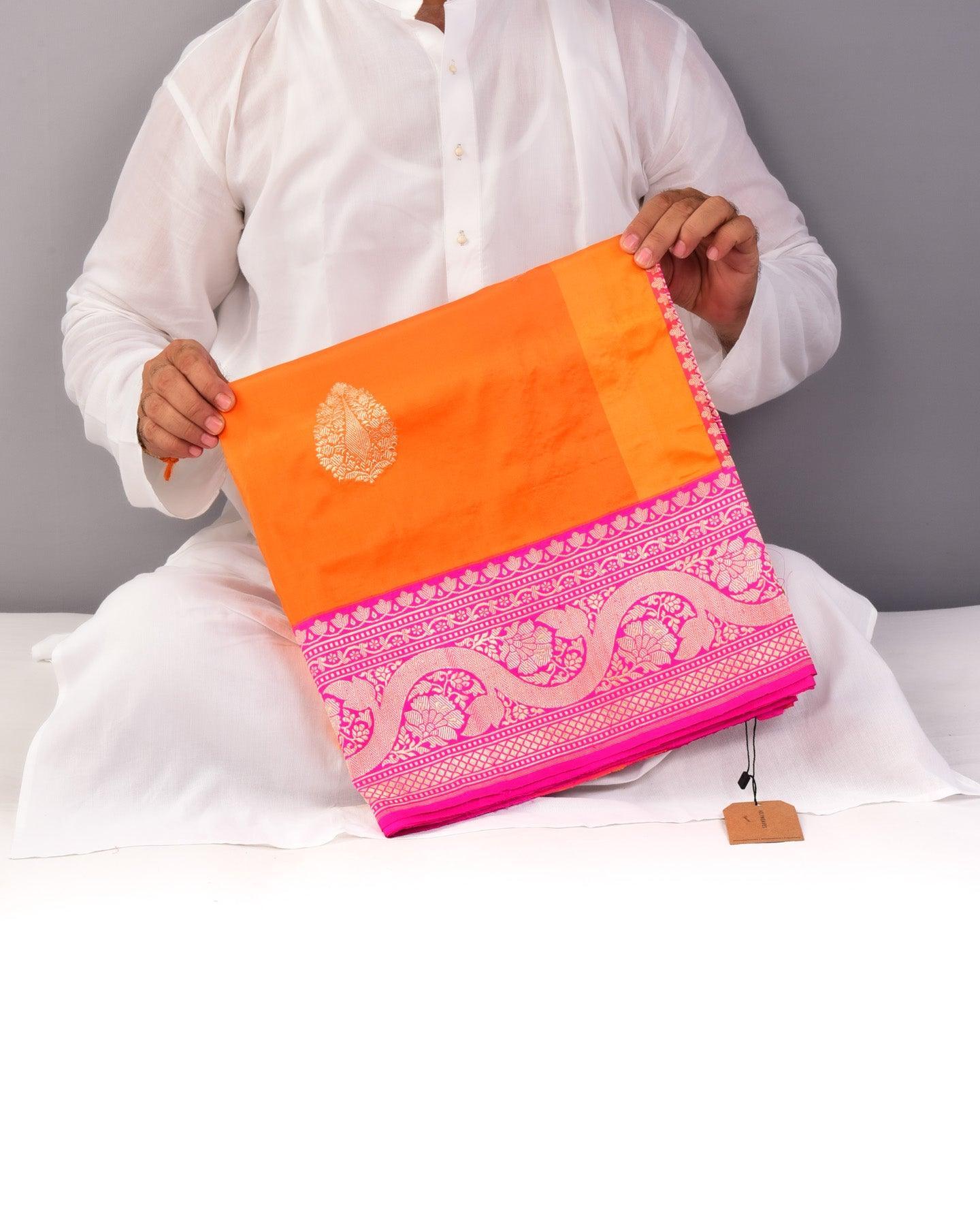 Orange Banarasi Chequered Kadhuan Brocade Handwoven Katan Silk Saree with Pink Kadiyal Border - By HolyWeaves, Benares