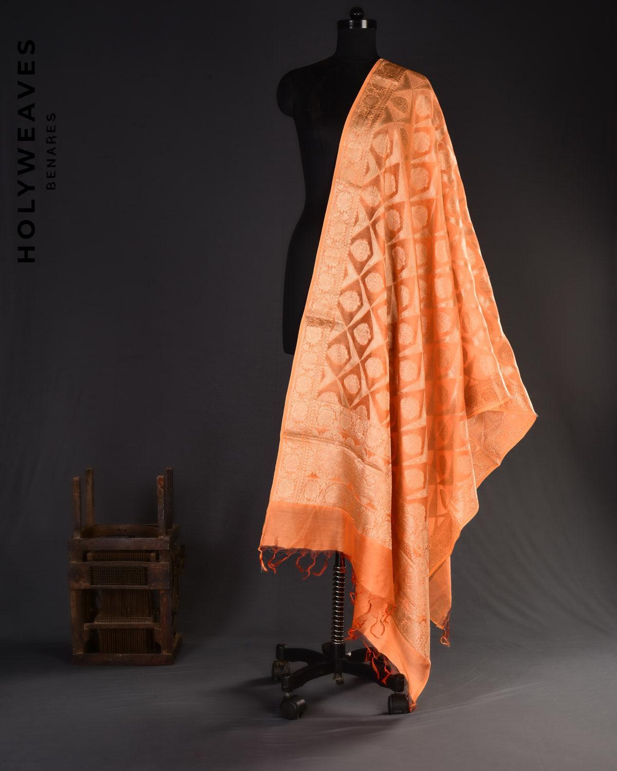 Orange Banarasi Geometric Jangla Cutwork Brocade Woven Cotton Silk Dupatta - By HolyWeaves, Benares