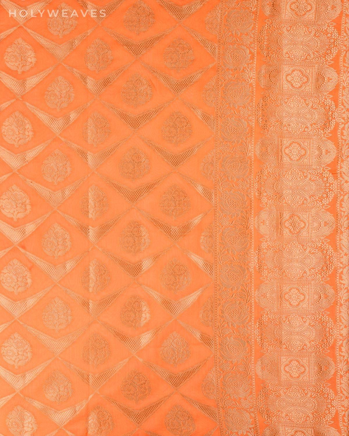 Orange Banarasi Geometric Jangla Cutwork Brocade Woven Cotton Silk Dupatta - By HolyWeaves, Benares