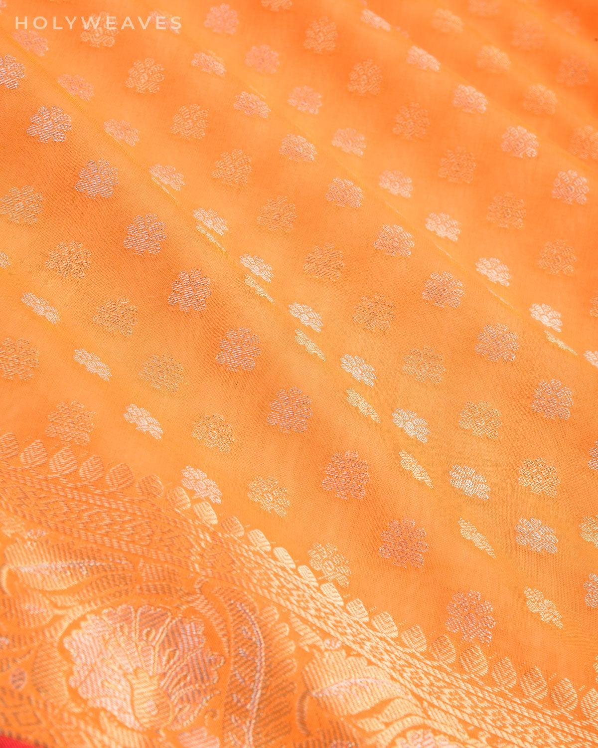 Orange Banarasi Gold & Silver Buti Cutwork Brocade Woven Cotton Silk Saree - By HolyWeaves, Benares