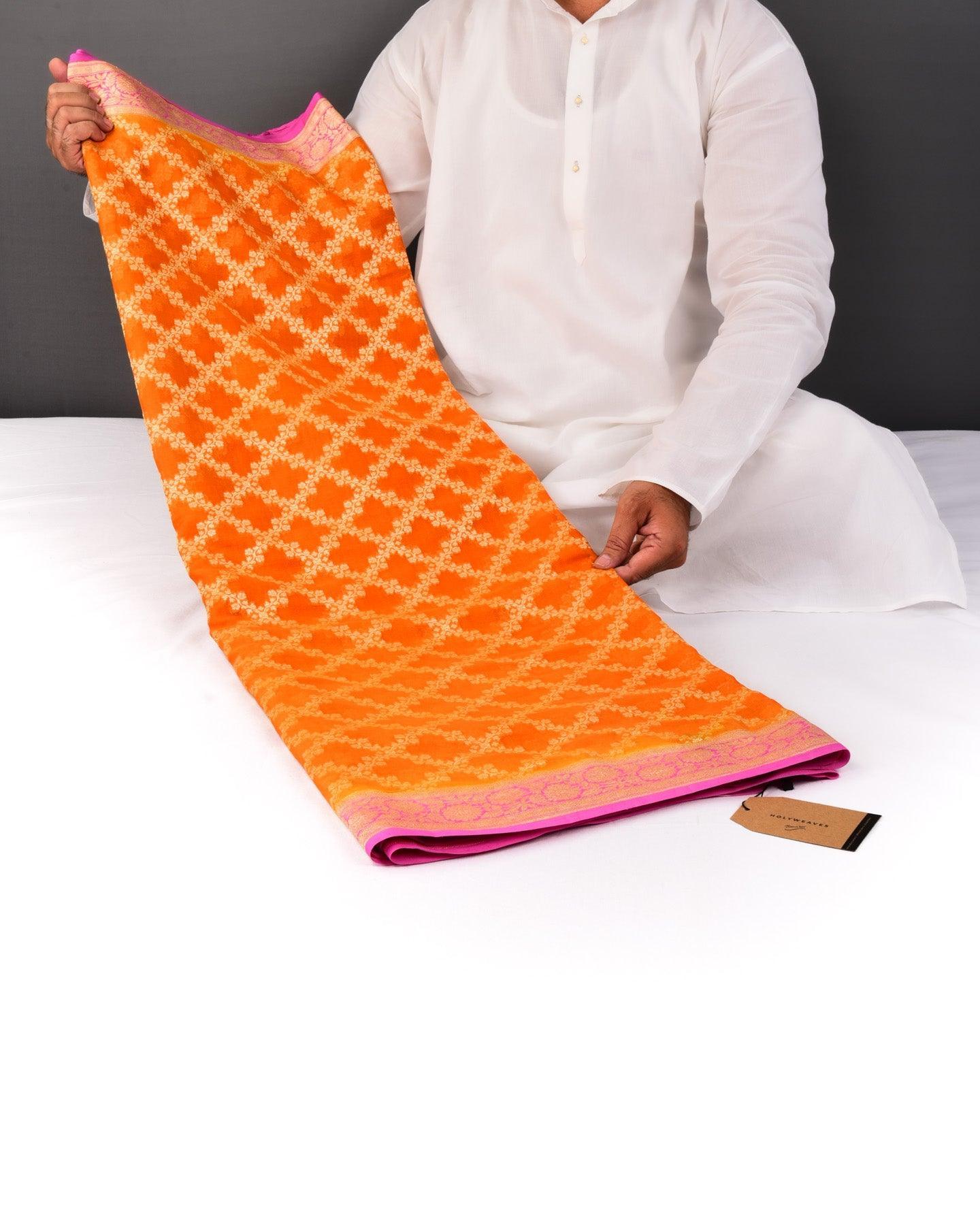 Orange Banarasi Jangla Cutwork Brocade Handwoven Khaddi Georgette Saree - By HolyWeaves, Benares