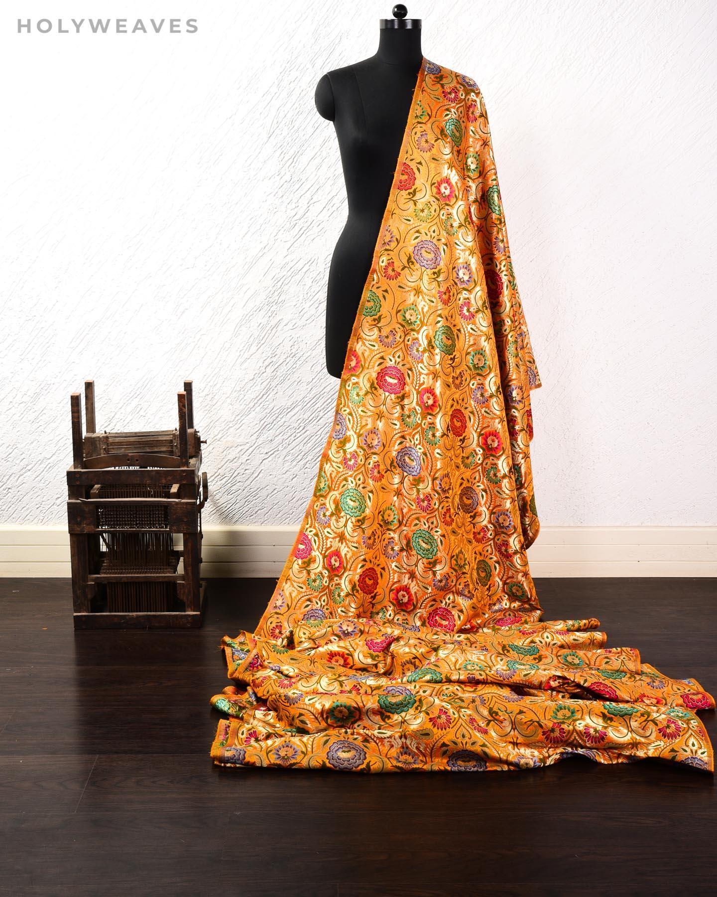 Orange Banarasi Kimkhwab Brocade Handwoven Viscose Silk Fabric - By HolyWeaves, Benares