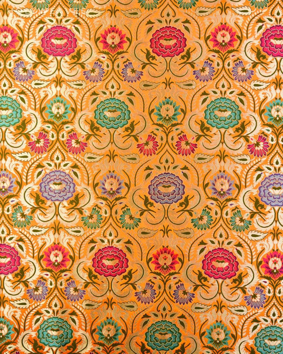 Orange Banarasi Kimkhwab Brocade Handwoven Viscose Silk Fabric - By HolyWeaves, Benares
