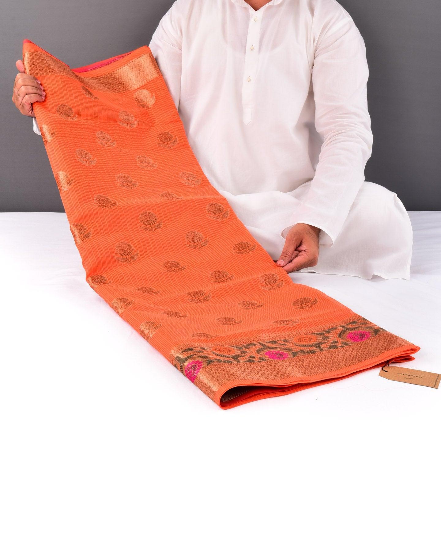 Orange Banarasi Kota Check Texture Antique Zari Buta Cutwork Brocade Woven Cotton Silk Saree with Meena Bel Brocade Border - By HolyWeaves, Benares
