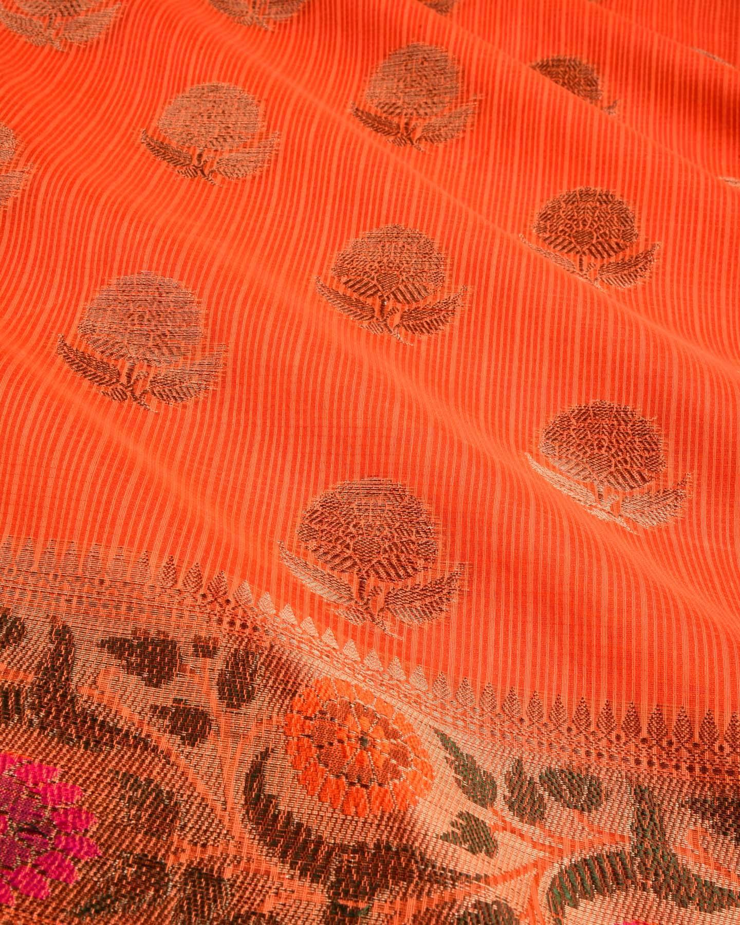 Orange Banarasi Kota Check Texture Antique Zari Buta Cutwork Brocade Woven Cotton Silk Saree with Meena Bel Brocade Border - By HolyWeaves, Benares