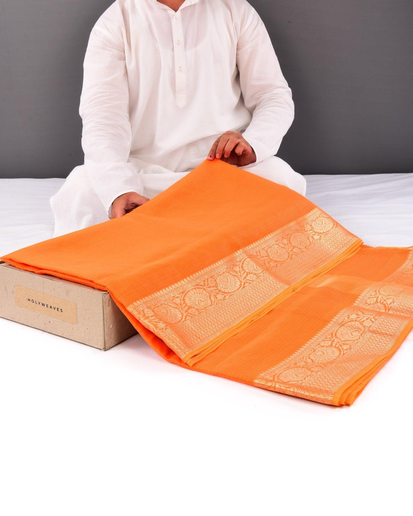 Orange Banarasi Kota Check Zari Border Brocade Woven Blended Cotton Silk Saree - By HolyWeaves, Benares