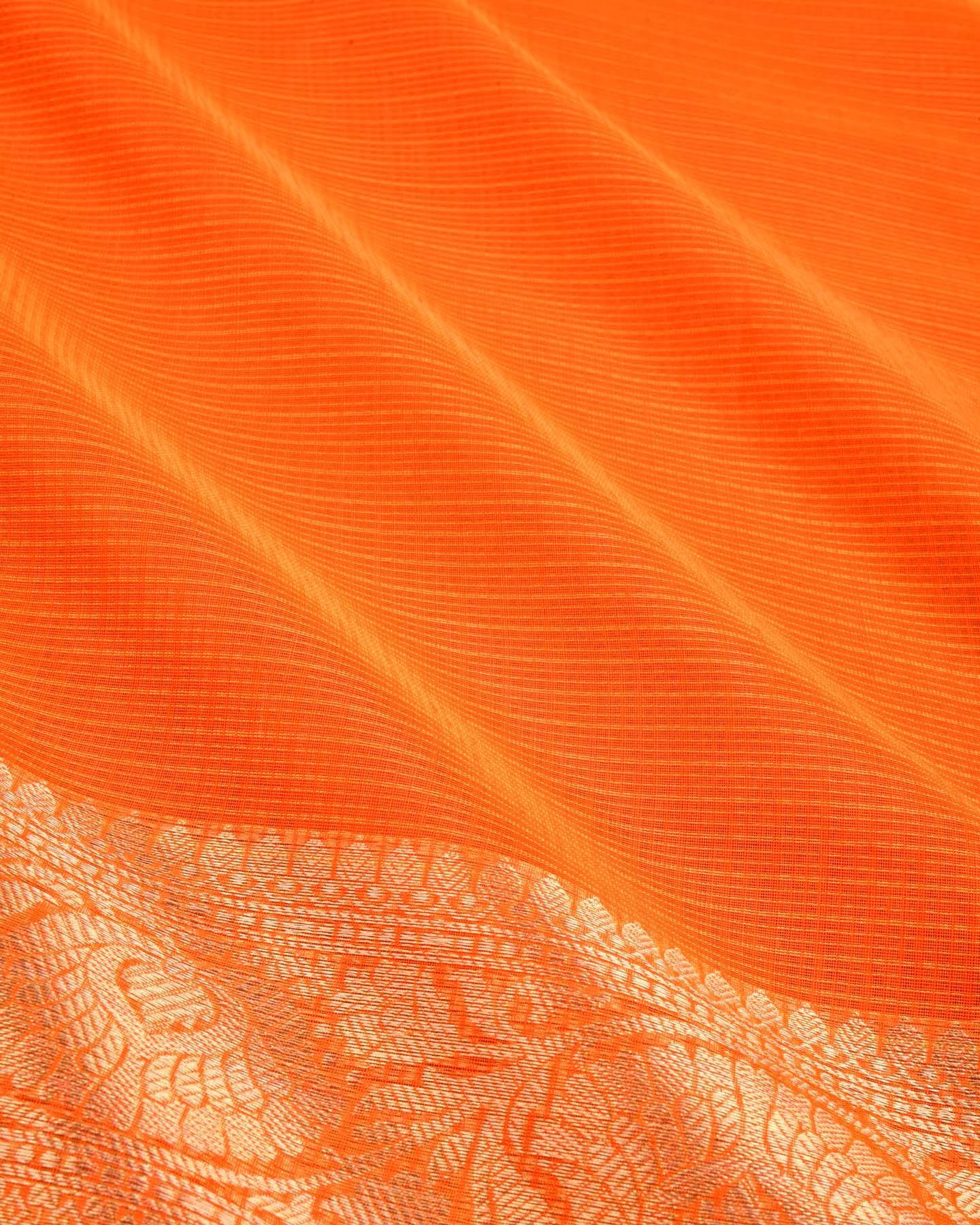 Orange Banarasi Kota Check Zari Border Brocade Woven Blended Cotton Silk Saree - By HolyWeaves, Benares