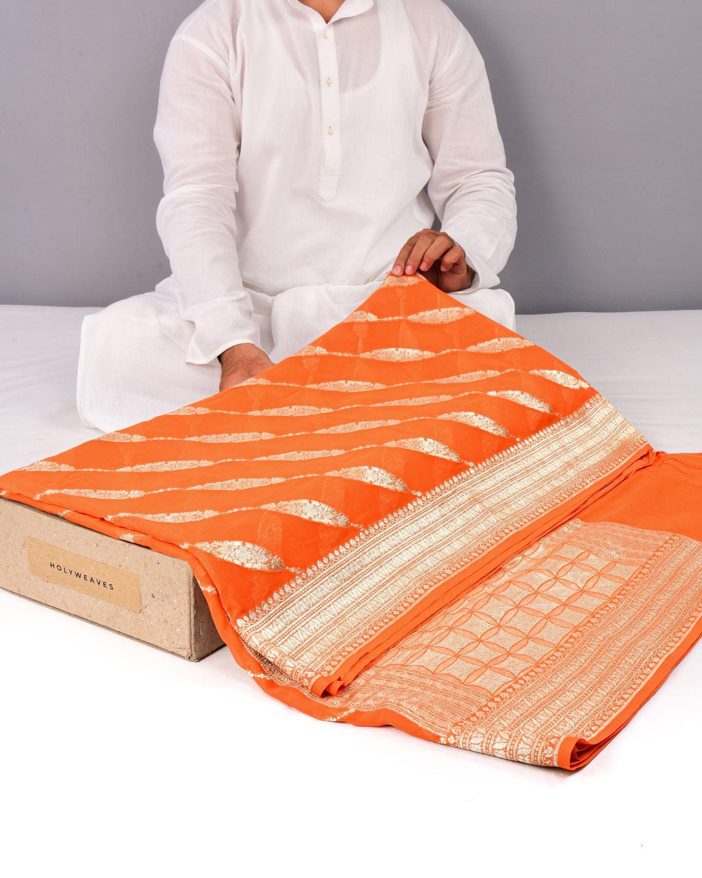 Orange Banarasi Leheriya Cutwork Brocade Handwoven Khaddi Georgette Saree - By HolyWeaves, Benares