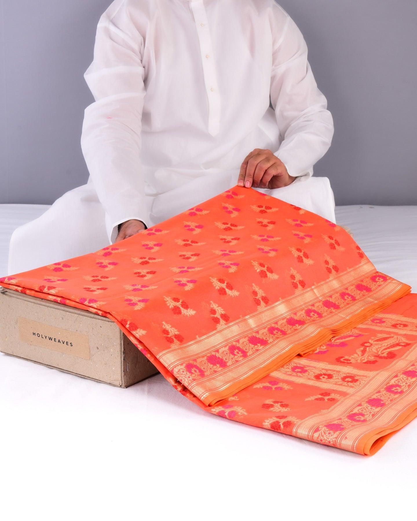 Orange Banarasi Meena Zari Guchchha Buti Cutwork Brocade Woven Cotton Silk Saree - By HolyWeaves, Benares