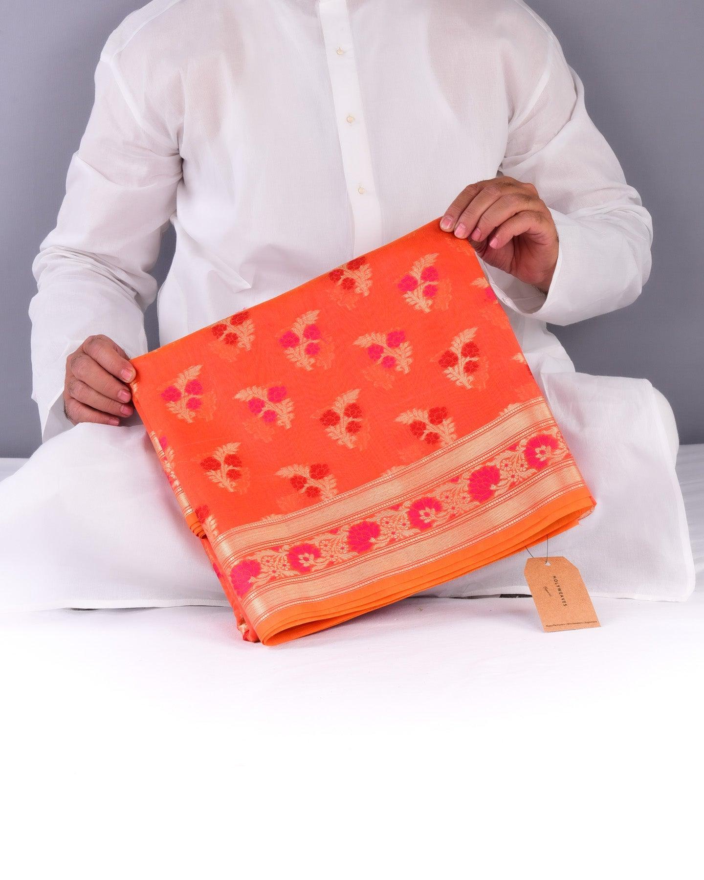 Orange Banarasi Meena Zari Guchchha Buti Cutwork Brocade Woven Cotton Silk Saree - By HolyWeaves, Benares