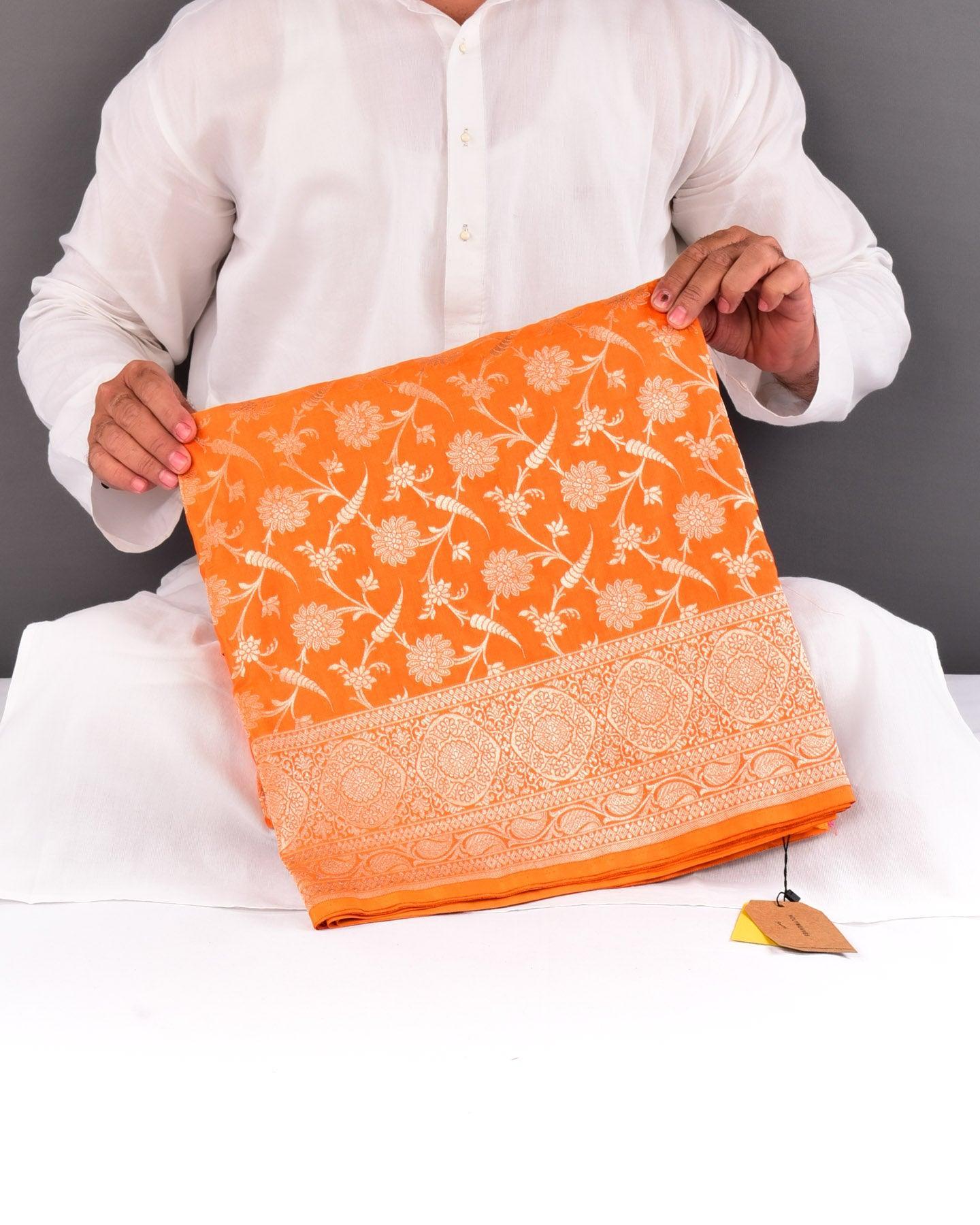 Orange Banarasi Mirchi Jaal Gold Zari Cutwork Brocade Handwoven Katan Silk Saree - By HolyWeaves, Benares