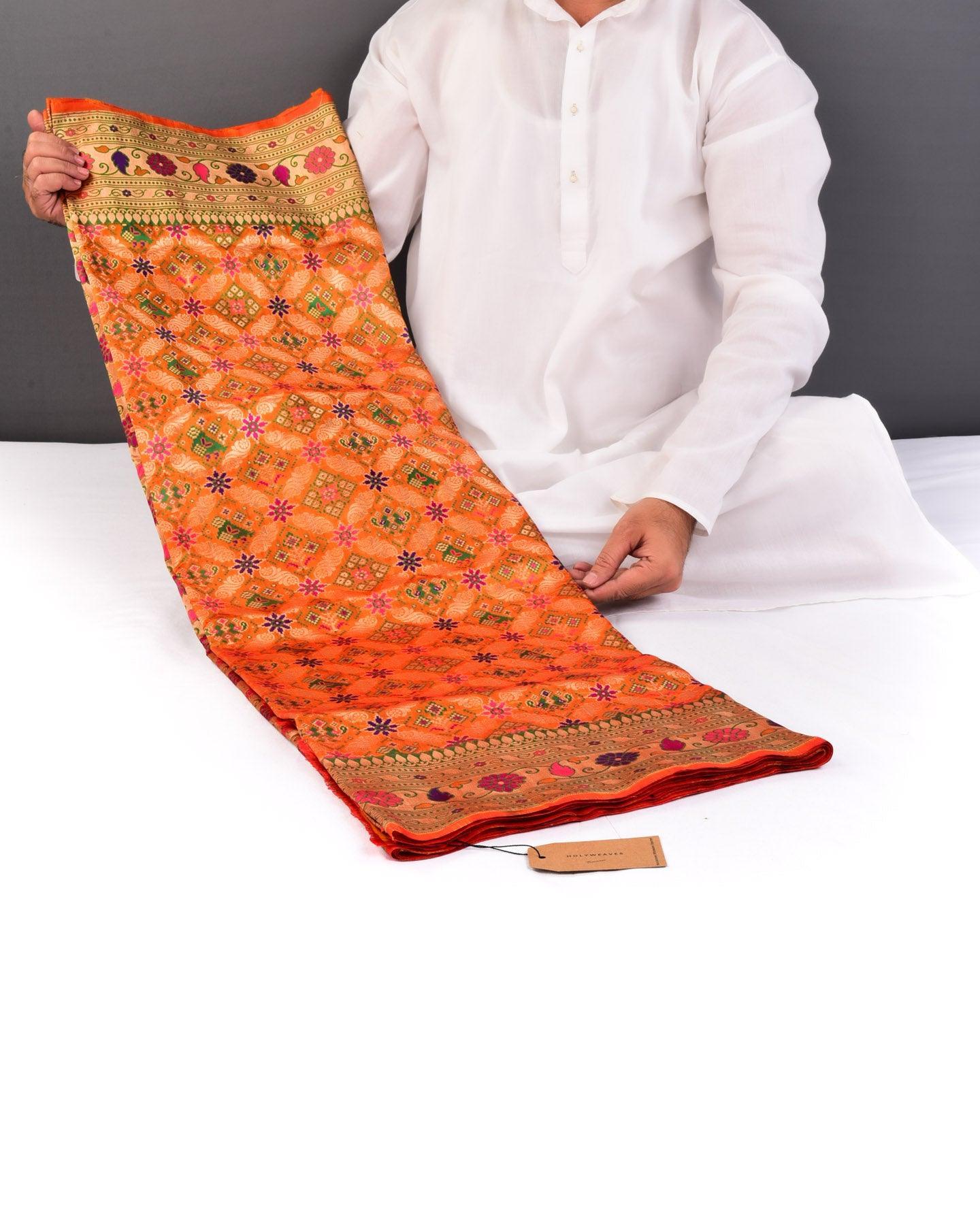 Orange Banarasi Patola Chauhara Meena Cutwork Brocade Handwoven Katan Silk Saree - By HolyWeaves, Benares