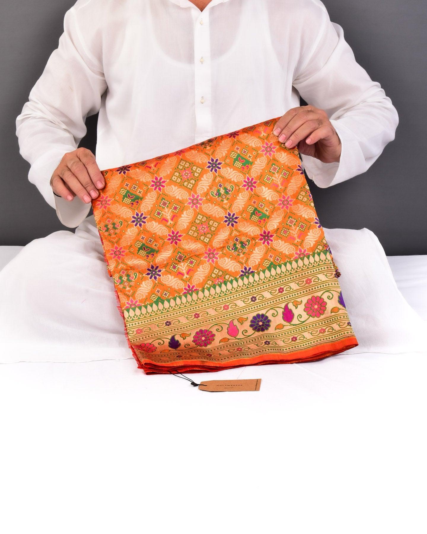 Orange Banarasi Patola Chauhara Meena Cutwork Brocade Handwoven Katan Silk Saree - By HolyWeaves, Benares