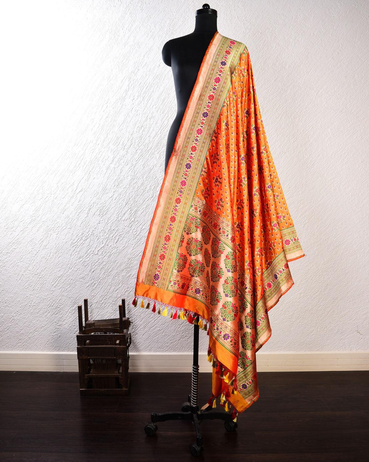 Orange Banarasi Patola Cutwork Brocade Handwoven Katan Silk Dupatta - By HolyWeaves, Benares